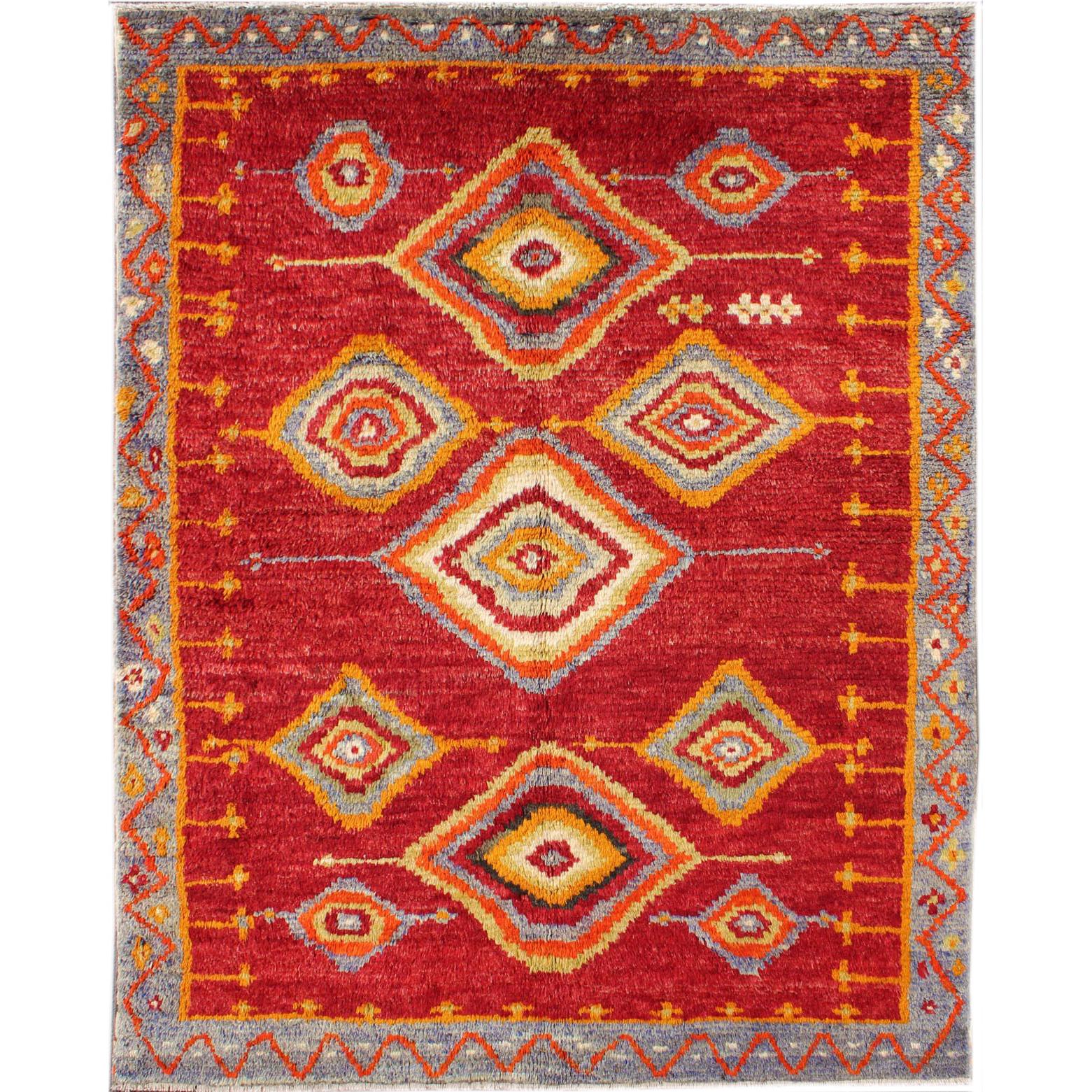 Tribal Turkish Konya Rug with Diamond Design in Beautiful Royal Red Background For Sale