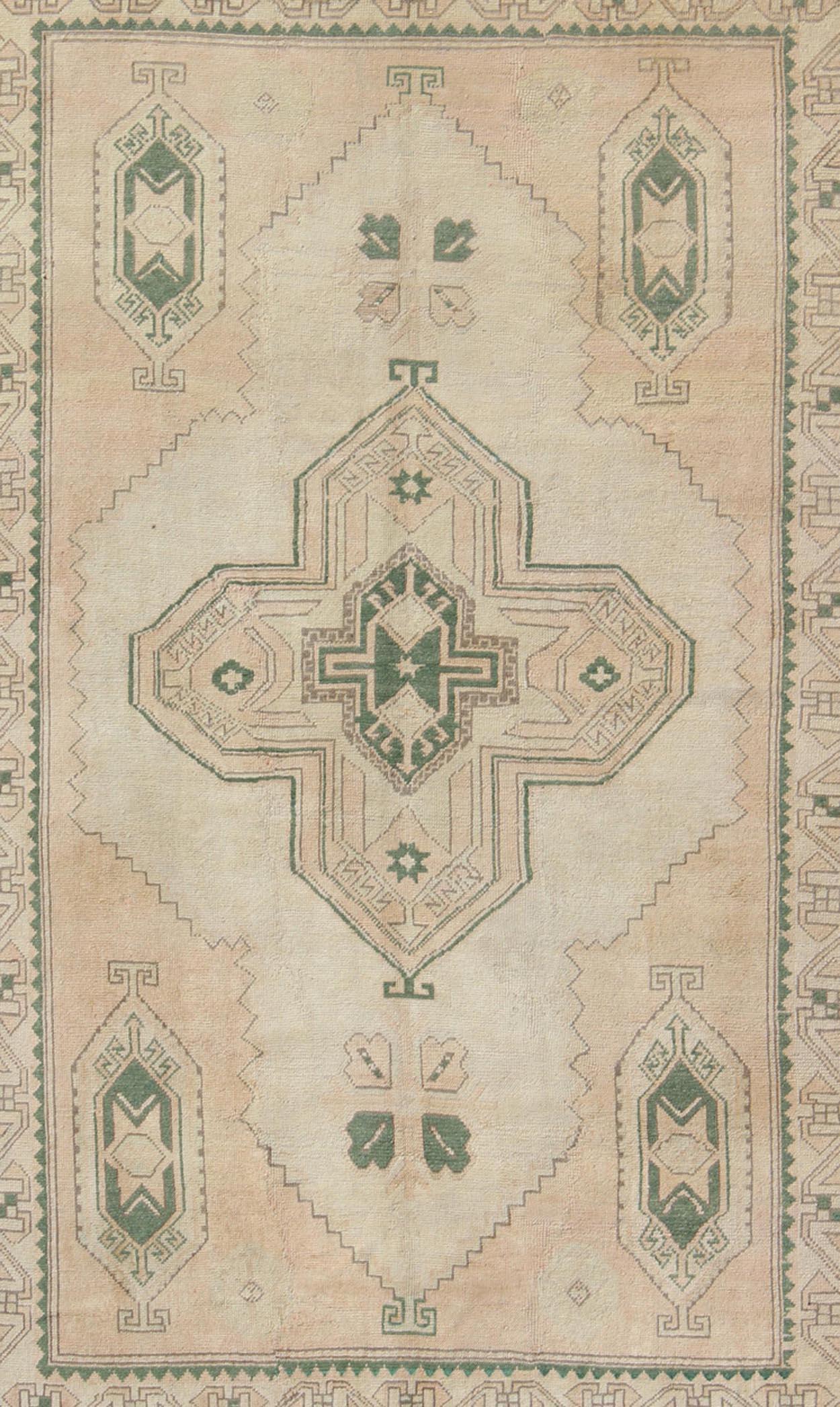 Tribal Turkish Oushak Rug in Green, Light Peach and Cream with Cross Medallion In Good Condition For Sale In Atlanta, GA