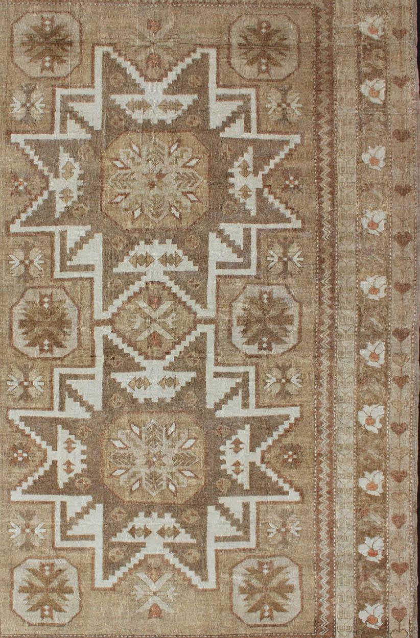Hand-Knotted Tribal Turkish Vintage Rug with Starburst Pendants in Ivory, Green & Light Brown For Sale