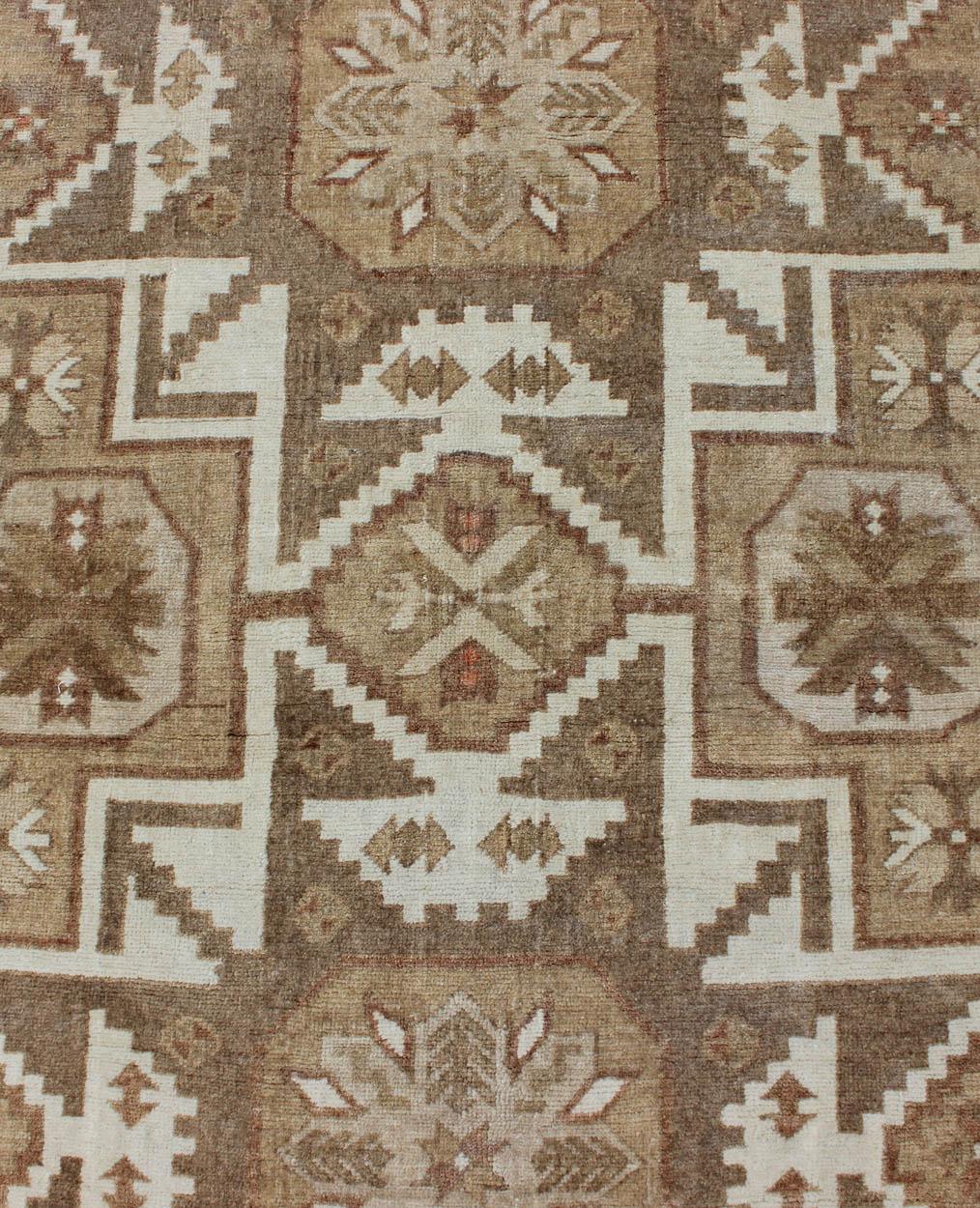 Tribal Turkish Vintage Rug with Starburst Pendants in Ivory, Green & Light Brown For Sale 1