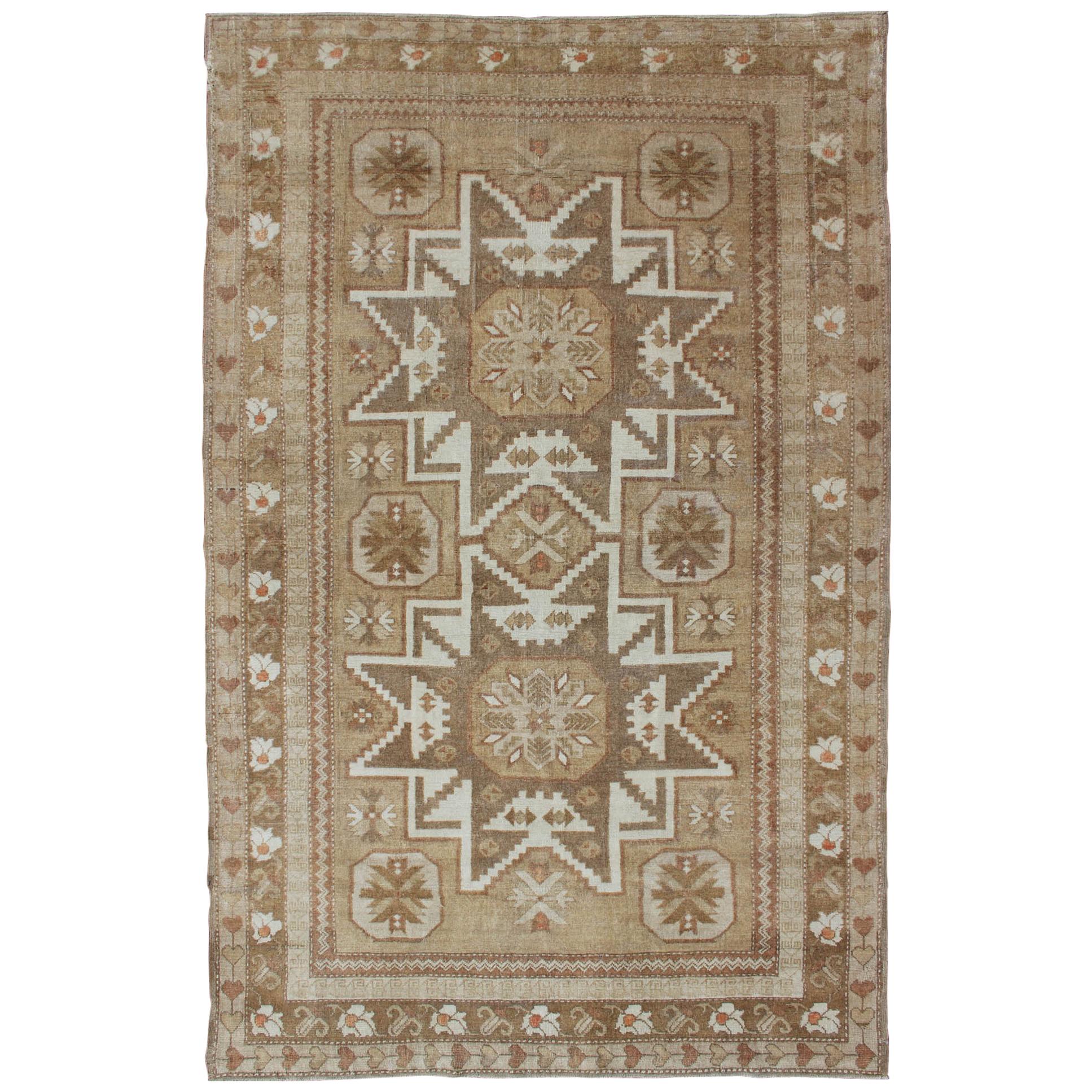 Tribal Turkish Vintage Rug with Starburst Pendants in Ivory, Green & Light Brown