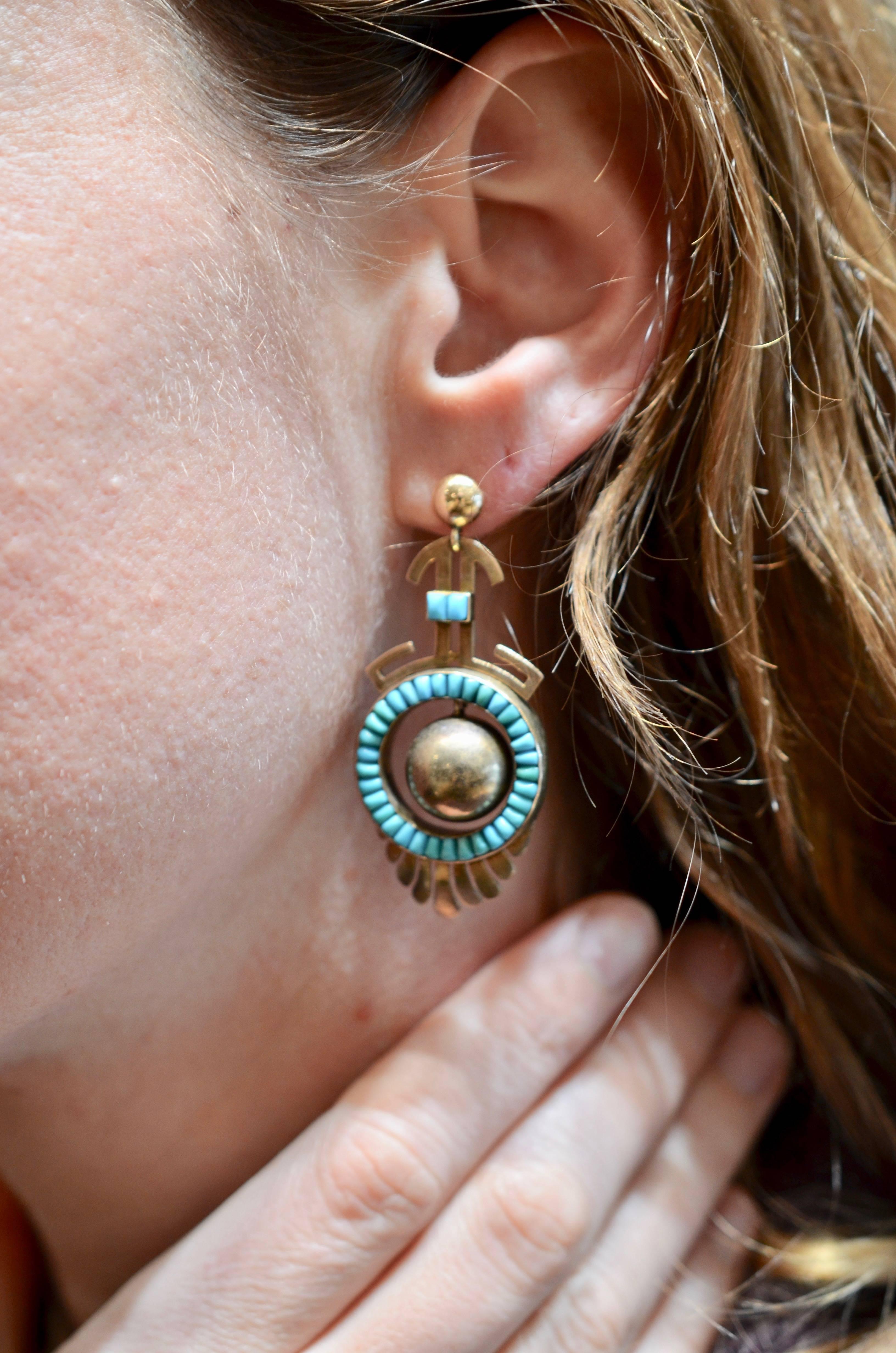 Tribal Turquoise Gold Dangling Post Earrings 1