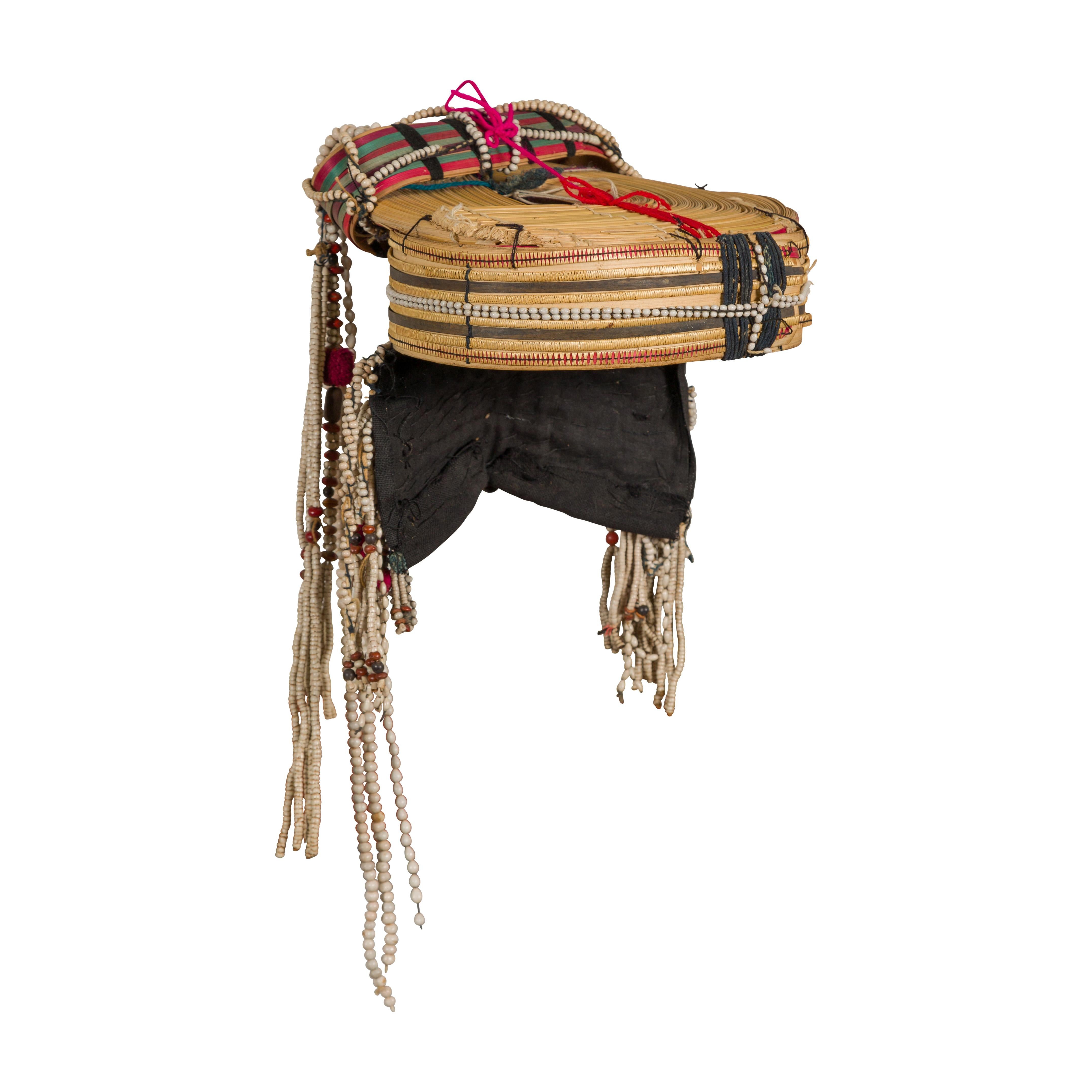 Tribal Ulo Akha Woman's Headdress with Framework of Bamboo and Beads For Sale 4