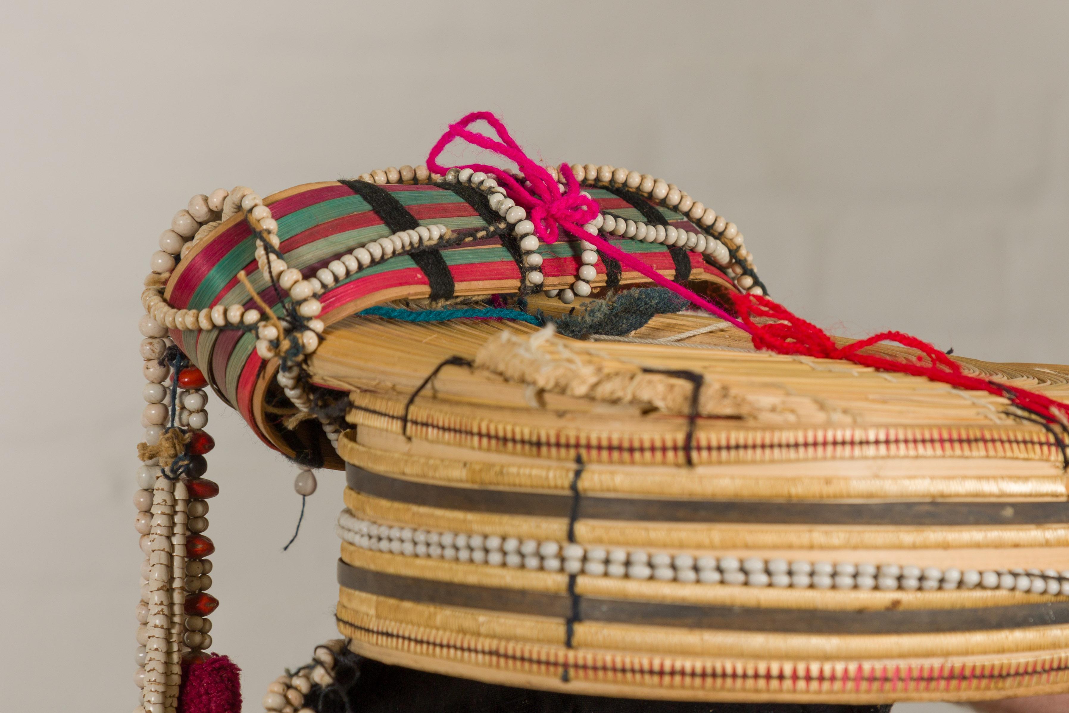 20th Century Tribal Ulo Akha Woman's Headdress with Framework of Bamboo and Beads For Sale