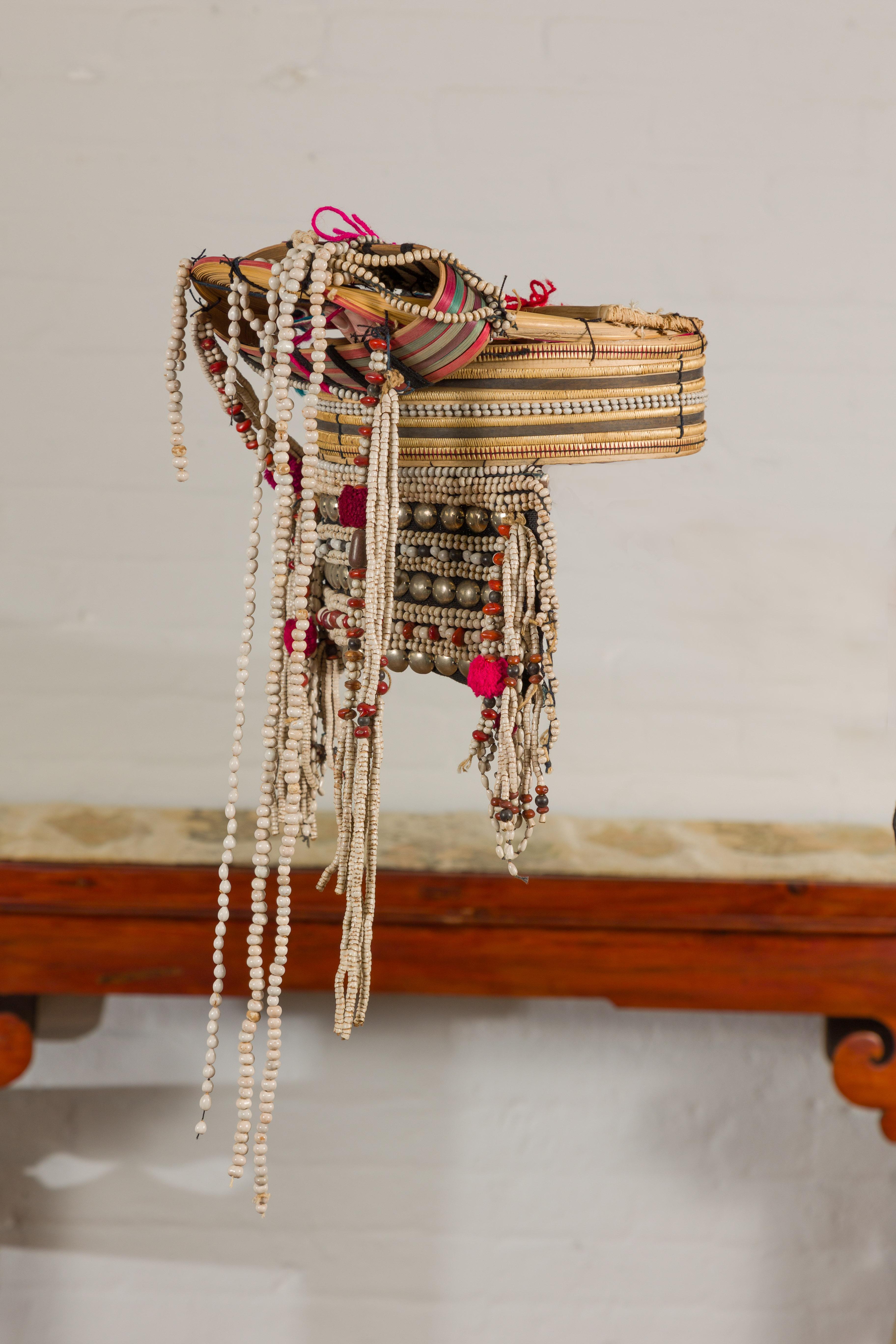Tribal Ulo Akha Woman's Headdress with Framework of Bamboo and Beads For Sale 1