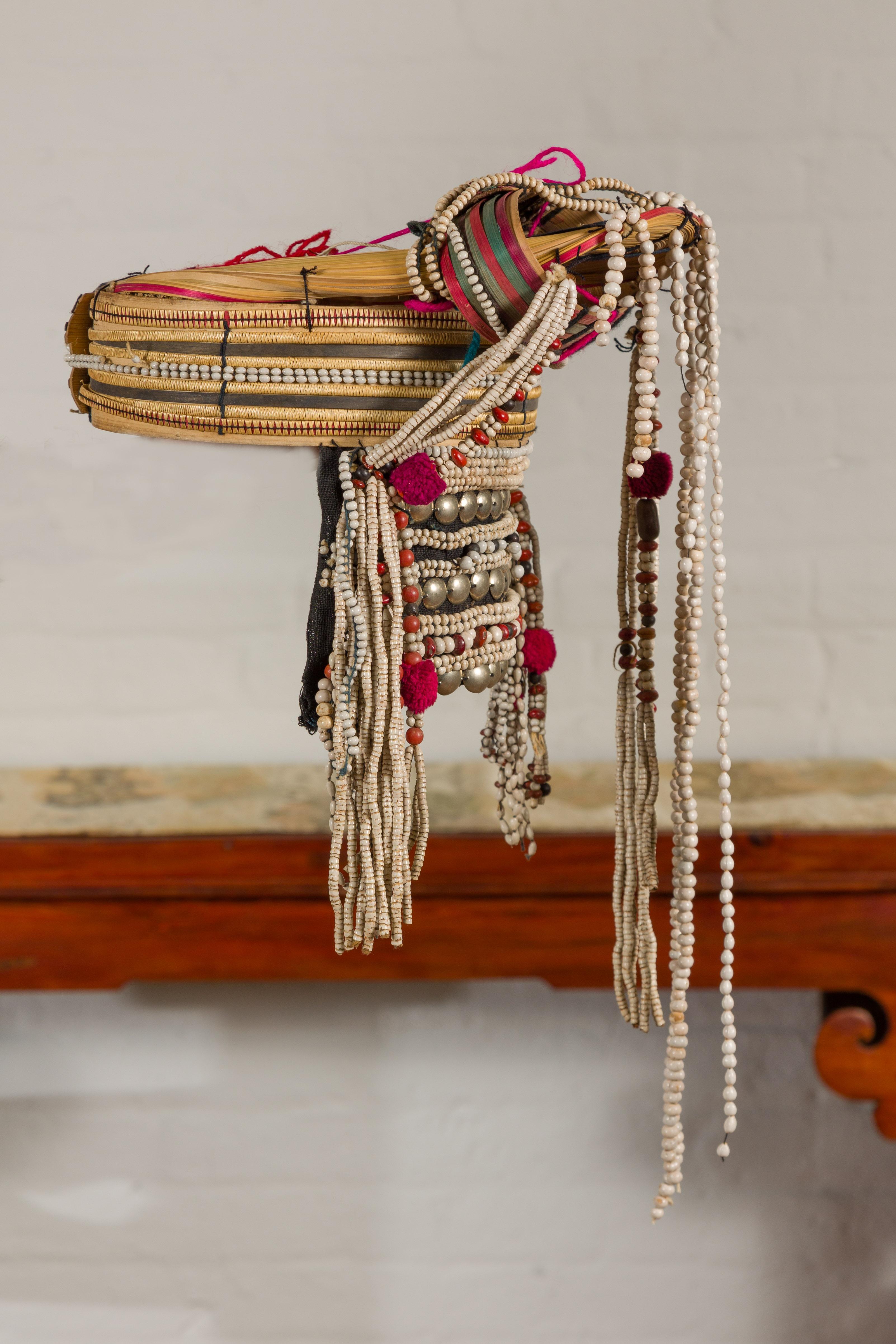 Tribal Ulo Akha Woman's Headdress with Framework of Bamboo and Beads For Sale 2