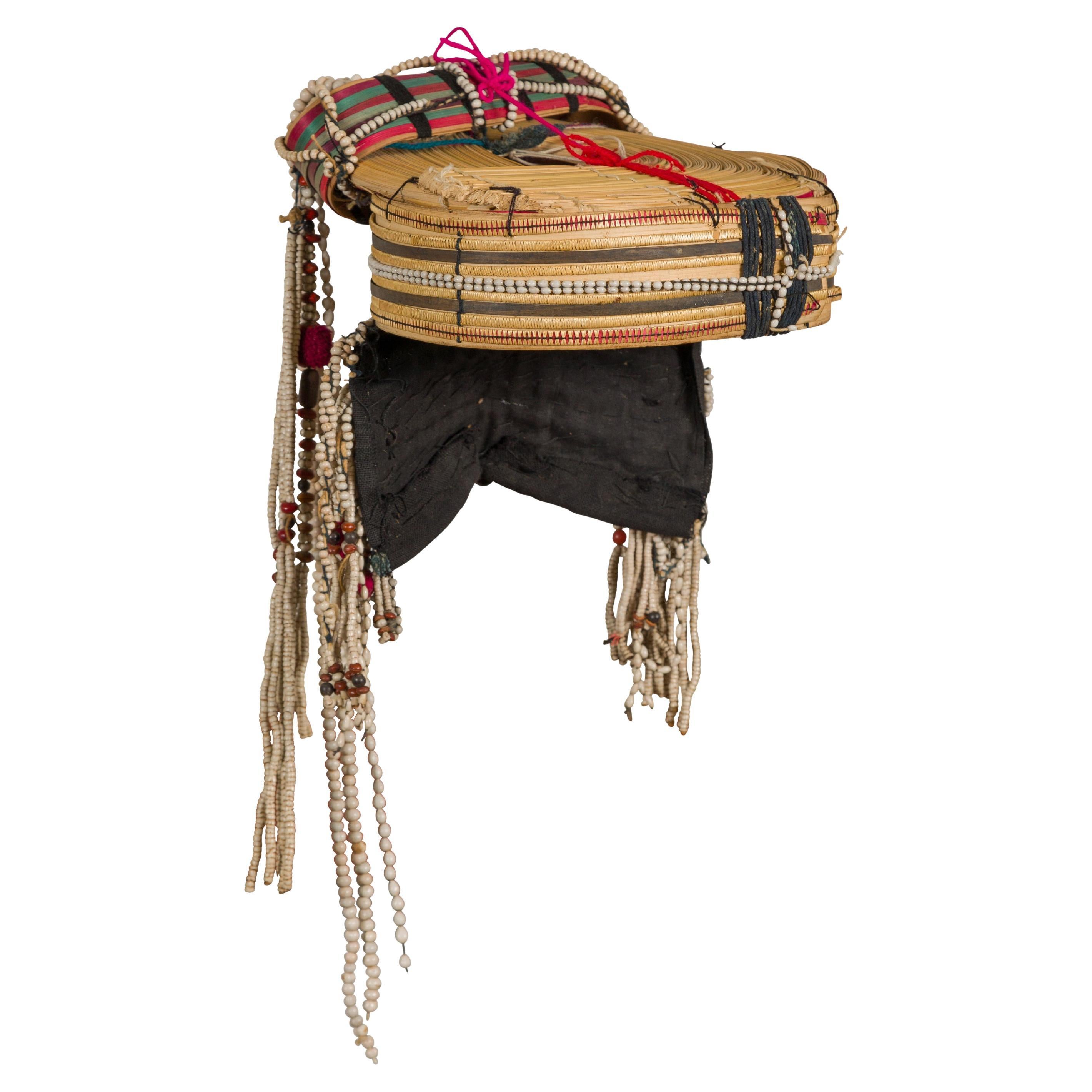 Tribal Ulo Akha Woman's Headdress with Framework of Bamboo and Beads