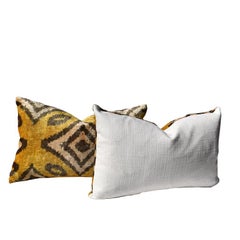 Tribal Velvet Woven Ikat Lumbar Pillow in Geometric Yellow and Dark Gray