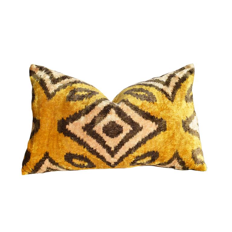 Tribal Velvet Woven Ikat Lumbar Pillow in Geometric Yellow and Dark
