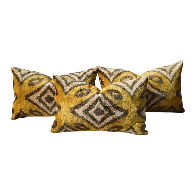 Tribal Velvet Woven Ikat Lumbar Pillow in Geometric Yellow and Dark