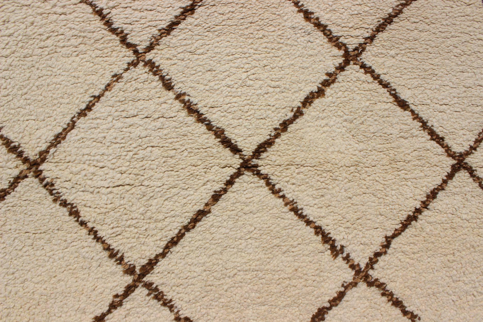 Hand-Knotted Vintage Moroccan Rug in Modern Minimalist Design with Ivory and Brown 