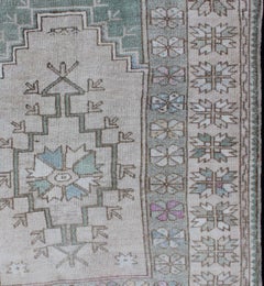 Tribal Vintage Turkish Oushak Square Rug with Medallion in Soft Green and Creams