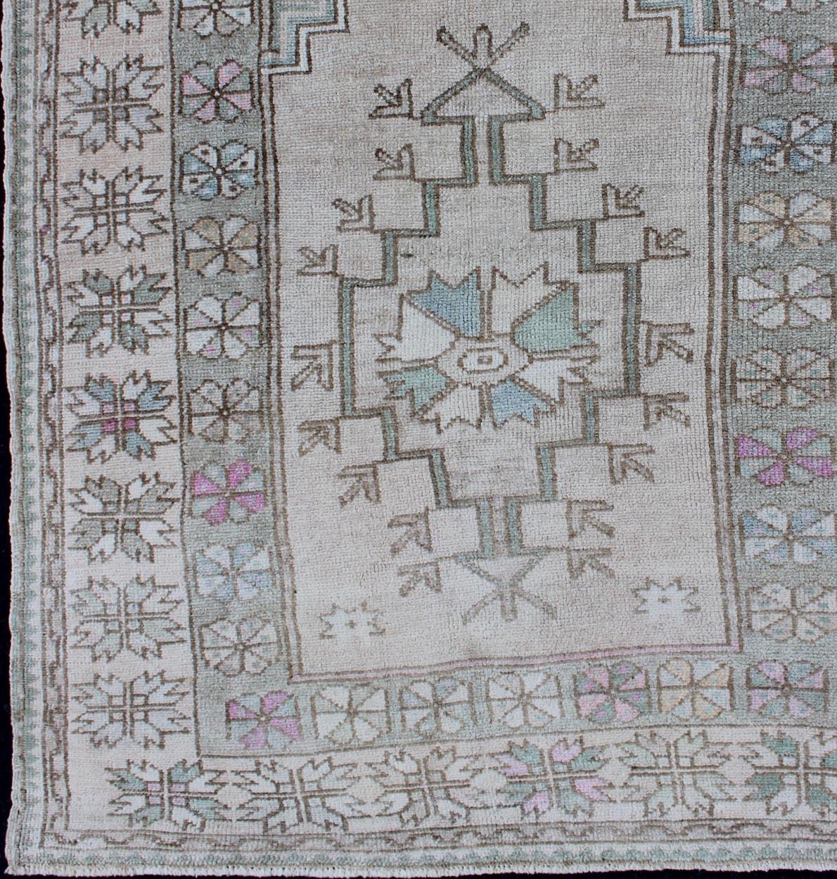 Hand-Knotted Tribal Vintage Turkish Oushak Square Rug with Medallion in Soft Green and Creams For Sale