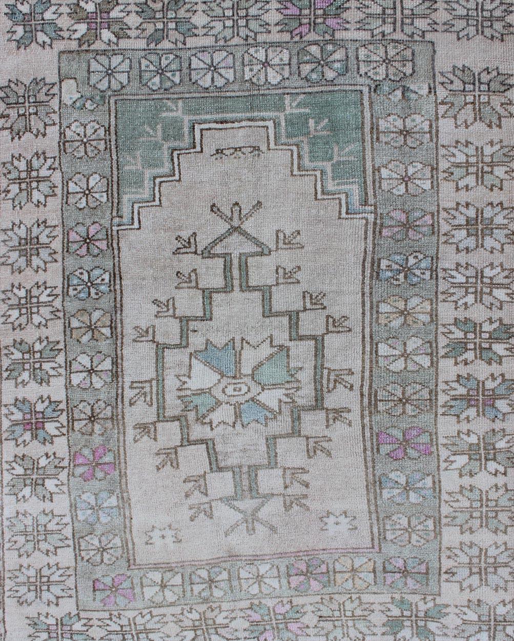 Tribal Vintage Turkish Oushak Square Rug with Medallion in Soft Green and Creams In Good Condition For Sale In Atlanta, GA