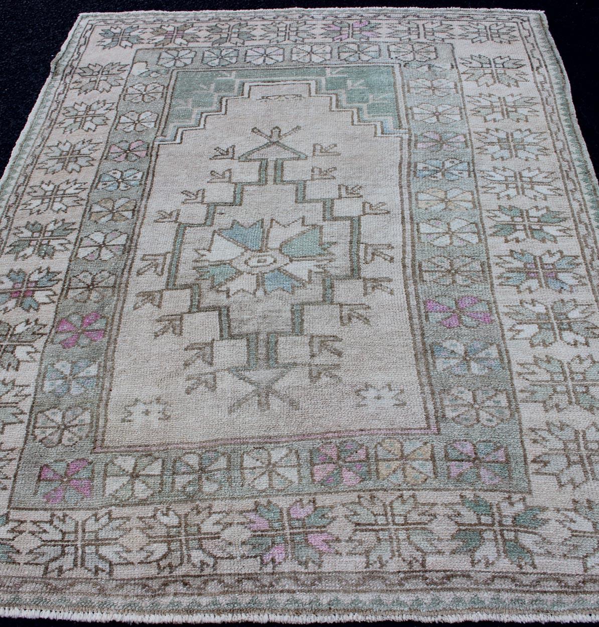 Wool Tribal Vintage Turkish Oushak Square Rug with Medallion in Soft Green and Creams For Sale