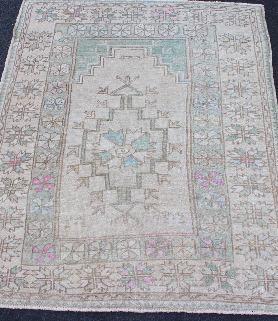 Tribal Vintage Turkish Oushak Square Rug with Medallion in Soft Green and Creams For Sale 1