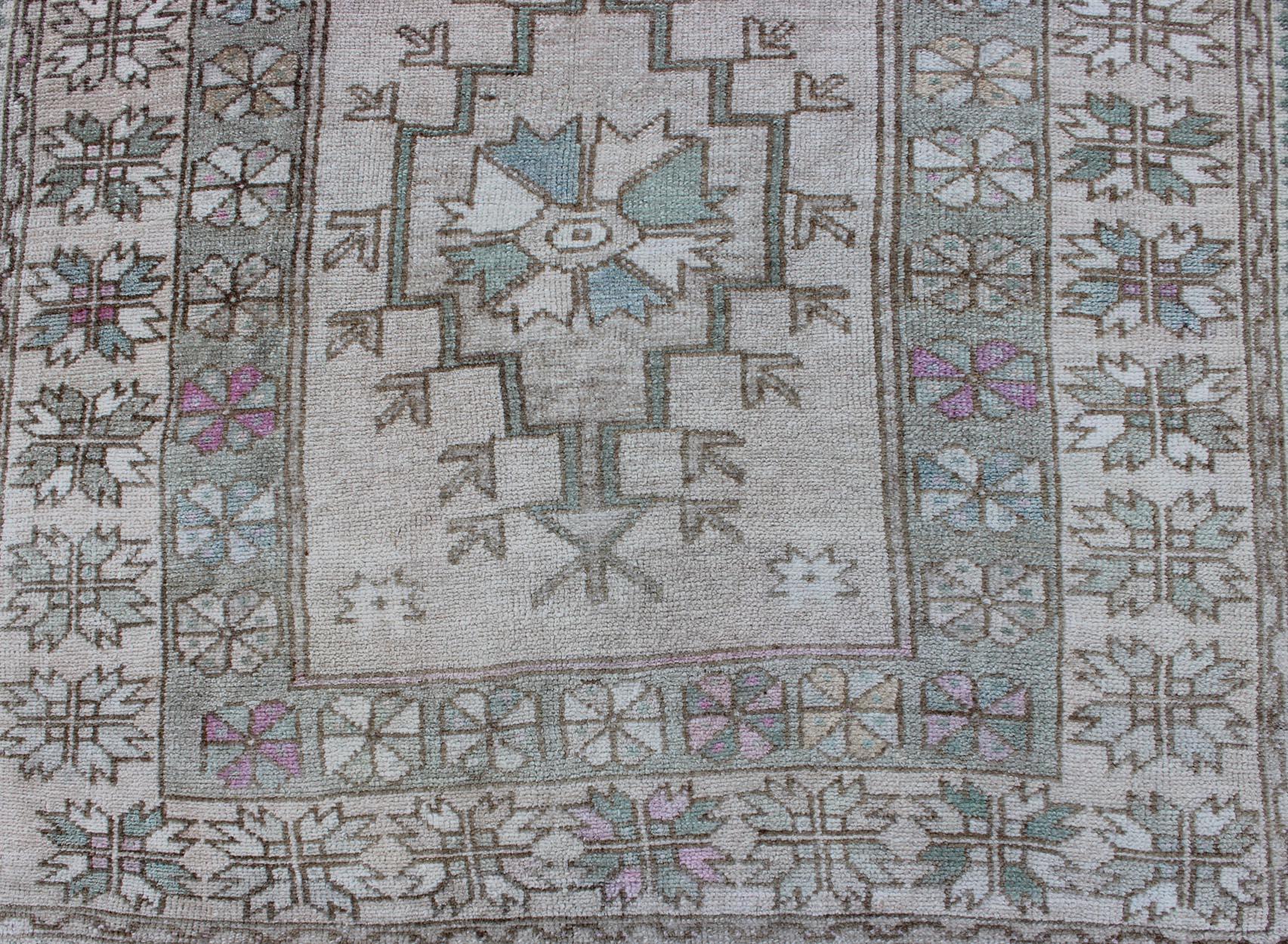 Tribal Vintage Turkish Oushak Square Rug with Medallion in Soft Green and Creams For Sale 2