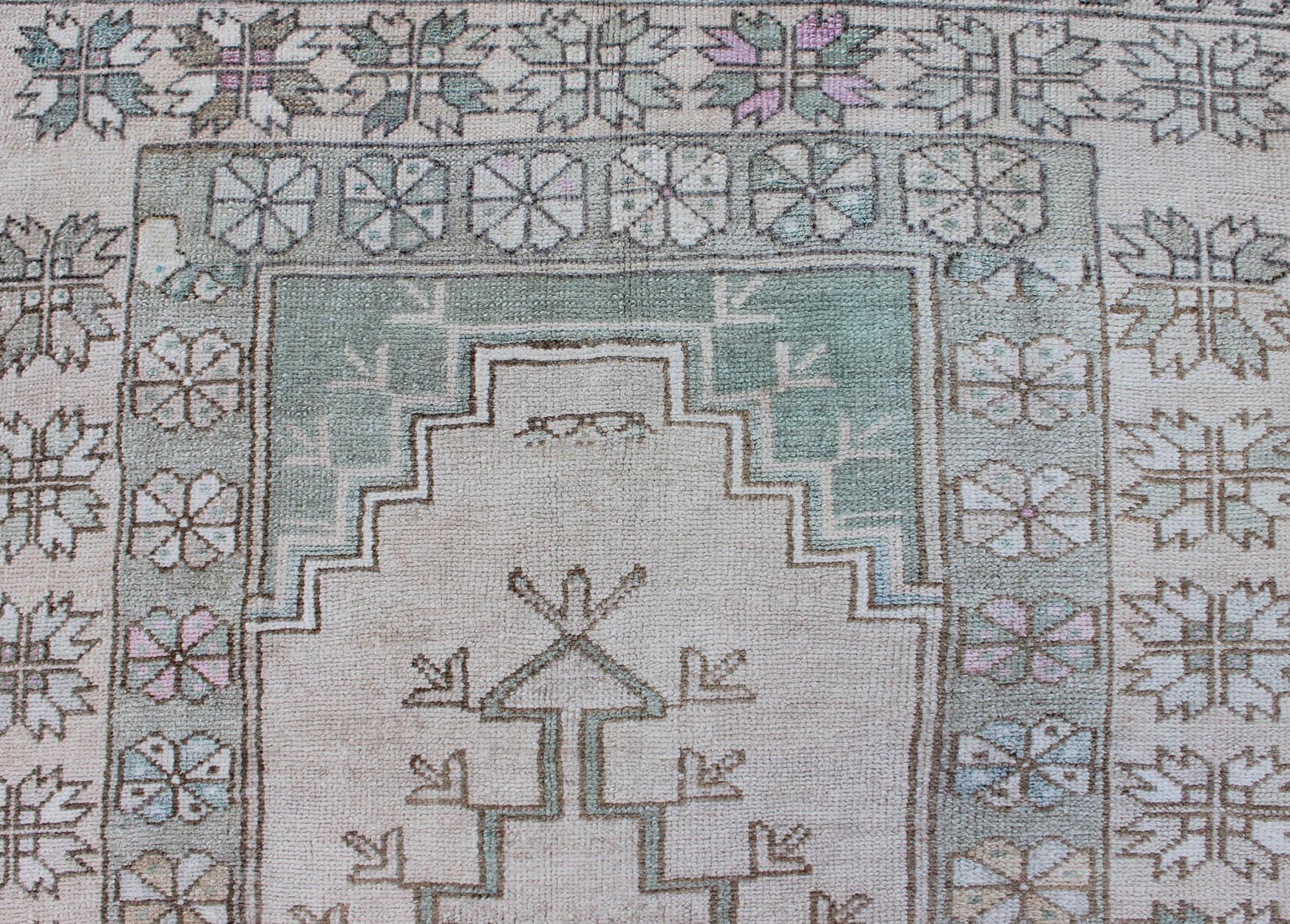 Tribal Vintage Turkish Oushak Square Rug with Medallion in Soft Green and Creams For Sale 3