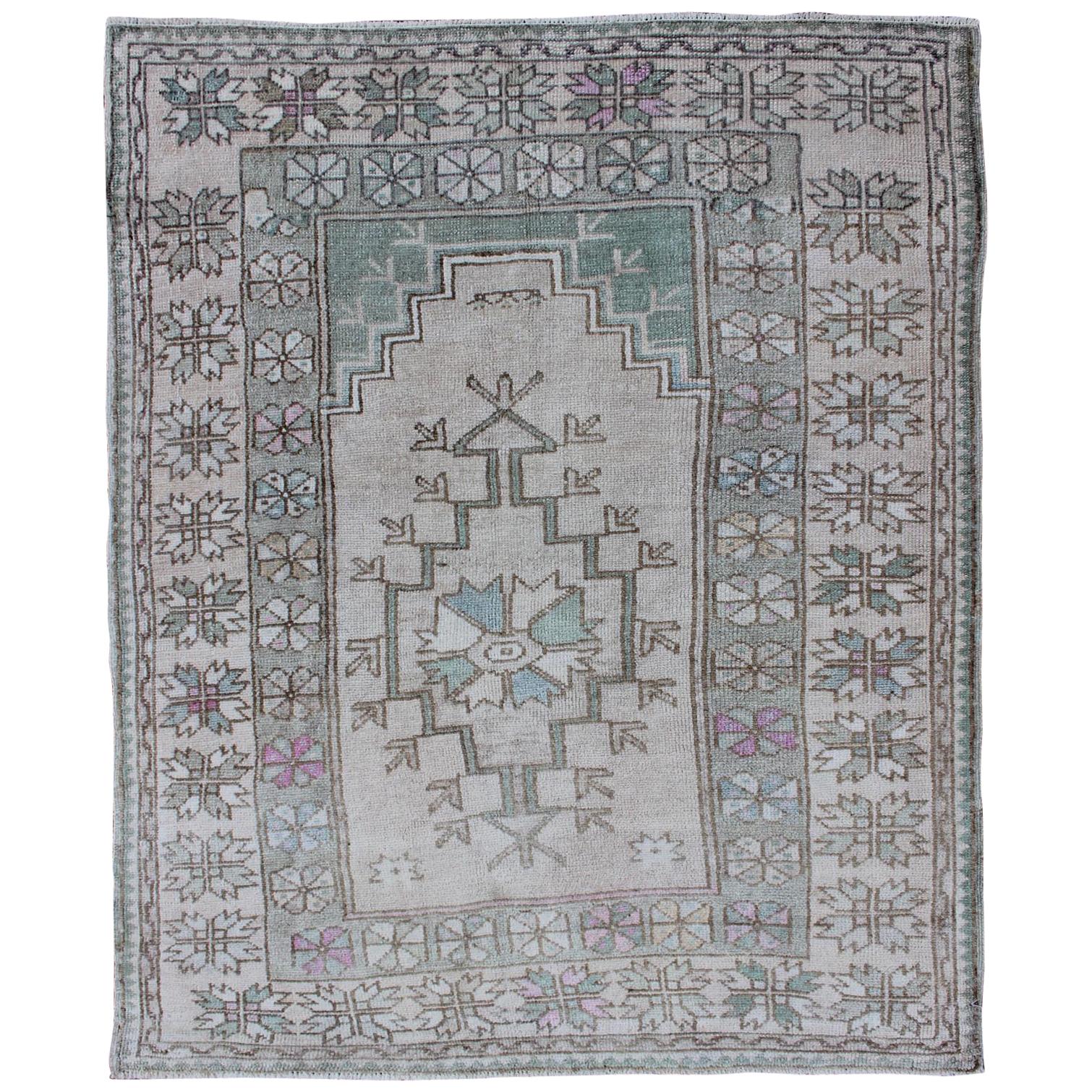 Tribal Vintage Turkish Oushak Square Rug with Medallion in Soft Green and Creams For Sale
