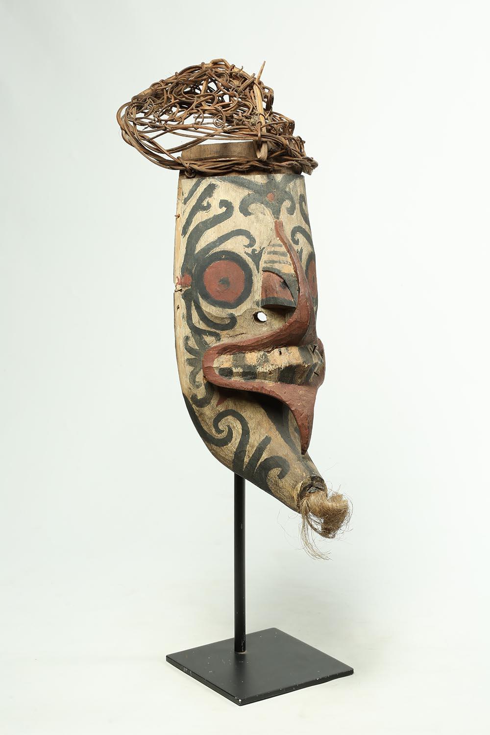 Tribal Wood and Pigment Dayak Hudoq Mask on Stand, Early 20th Century Borneo 3
