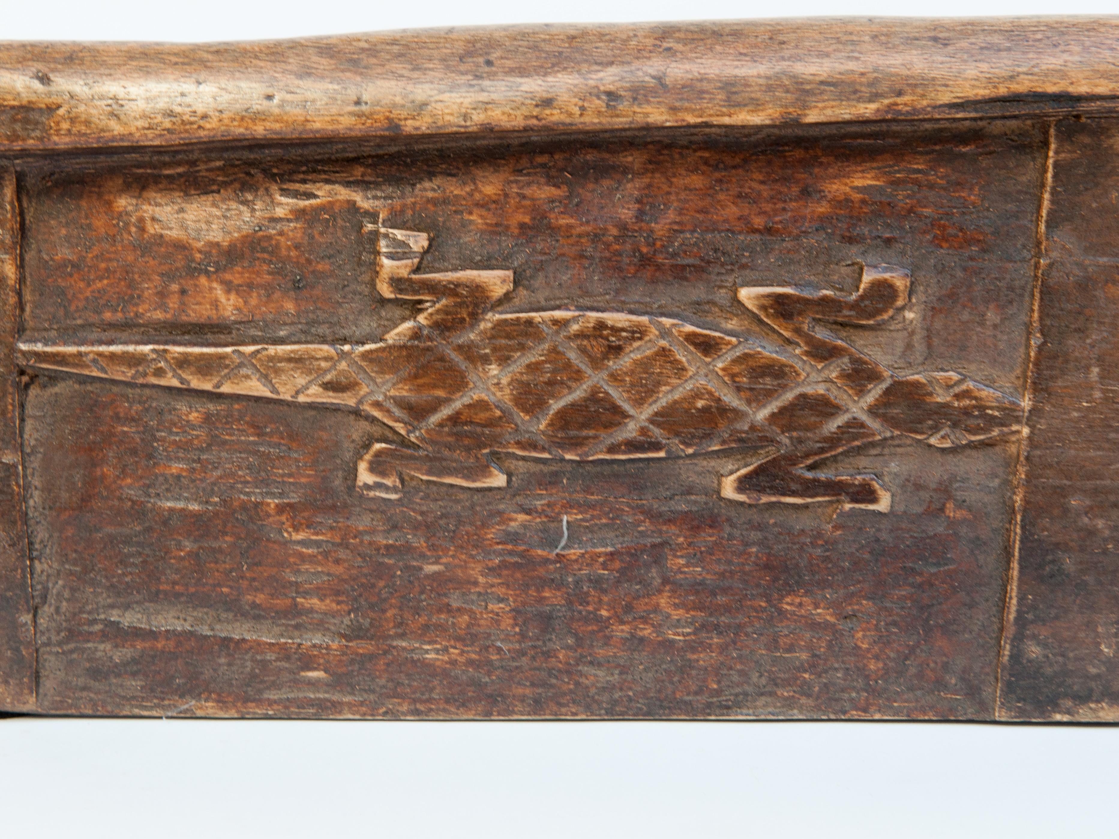 Hand-Carved Tribal Wood Stool with Lizard Motif, Niger, Mid-Late 20th Century