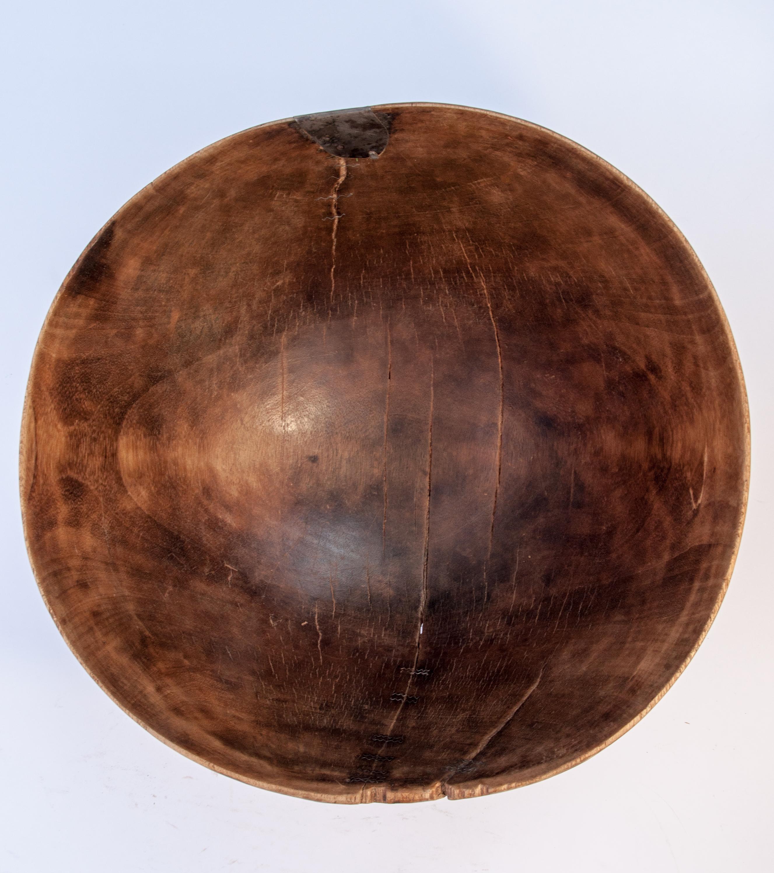 Metal Tribal Wooden Bowl with Carved Design, Tuareg of West Africa, Mid-20th Century