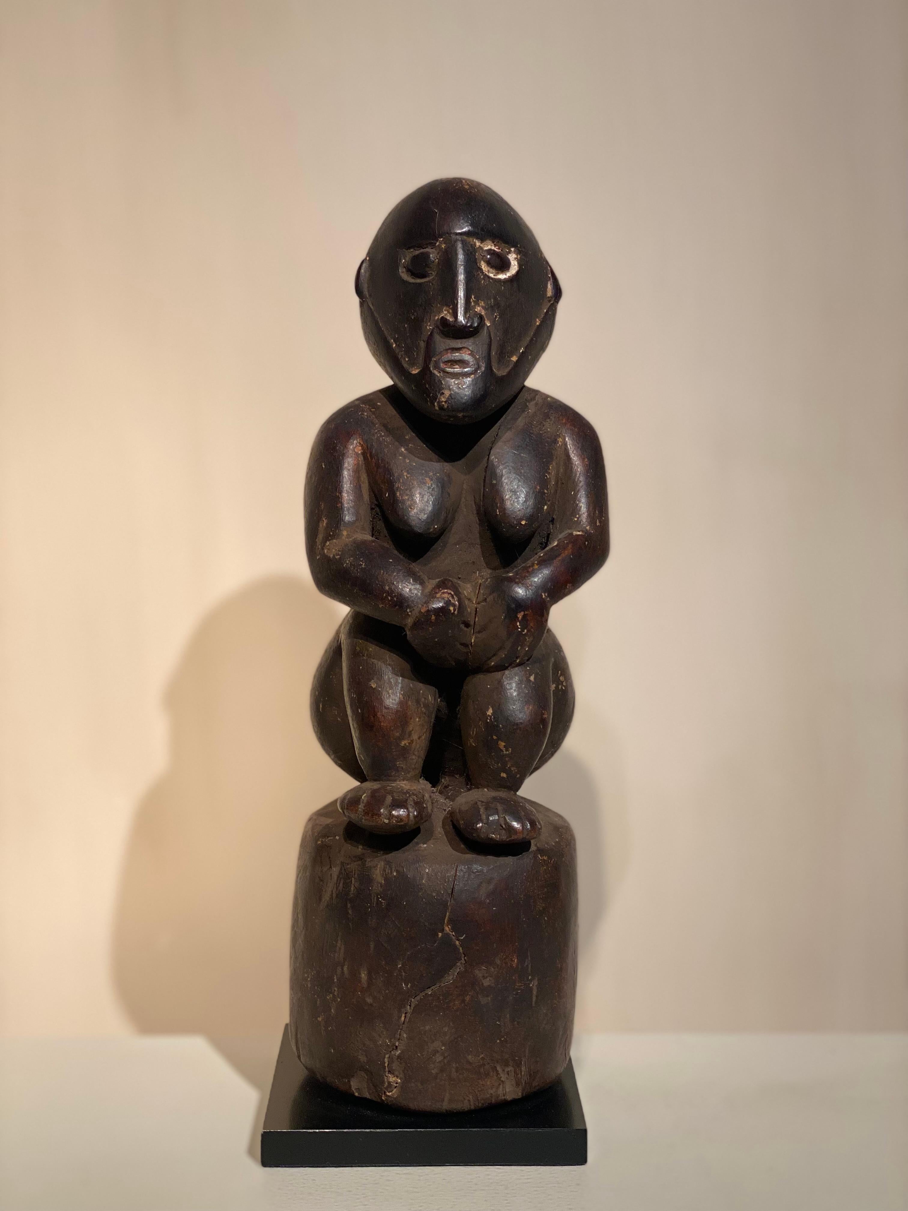 Une magnifique statue en bois de Papouasie-Nouvelle-Guinée provenant de la région de Sepik,
une figure assise aux traits typiques du Sepik,
bonne patine et brillance du bois, objet puissant