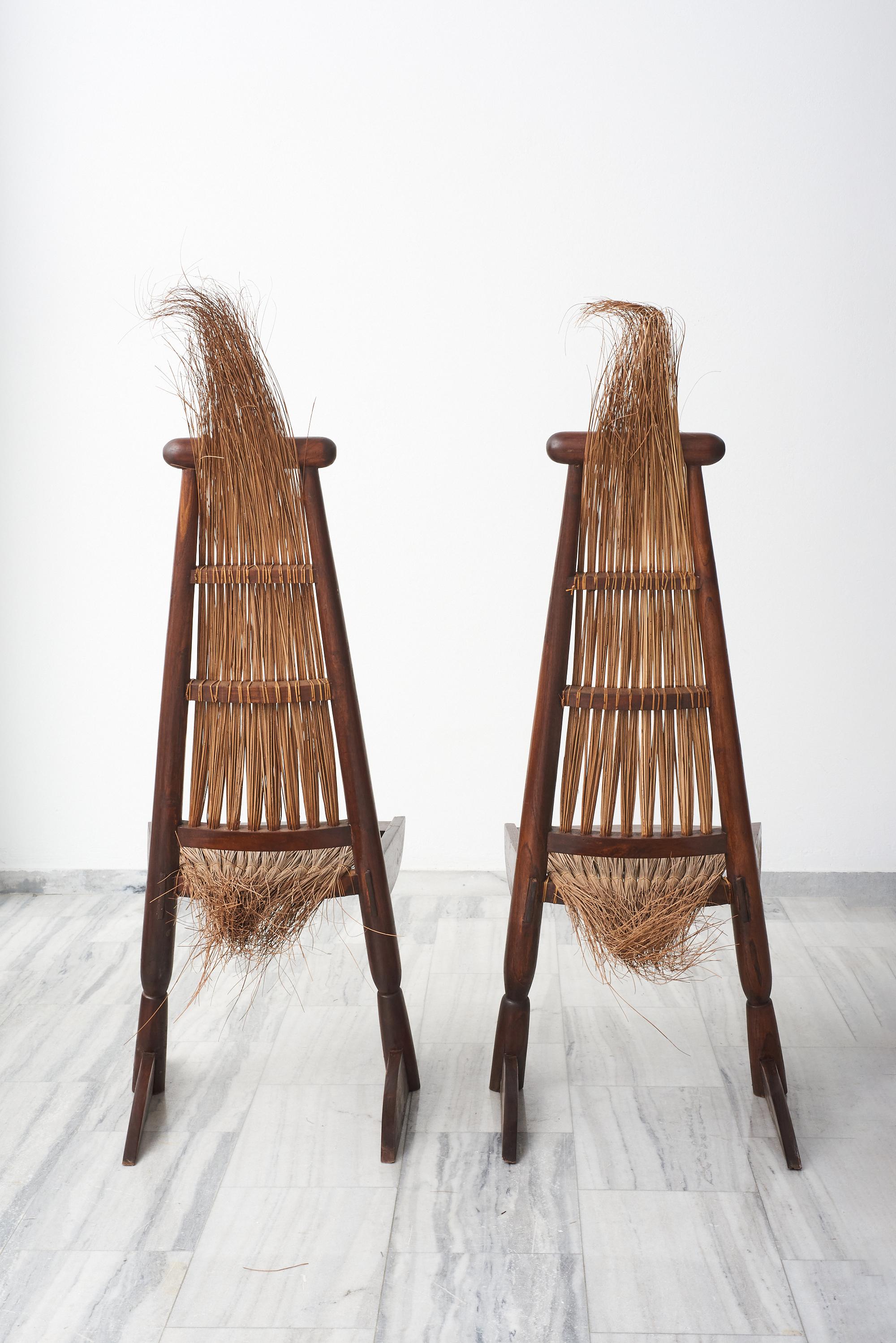 Tribal woven-reed chair attributed to Joaquim Terneiro, 1970s In Good Condition In Athens, Attiki