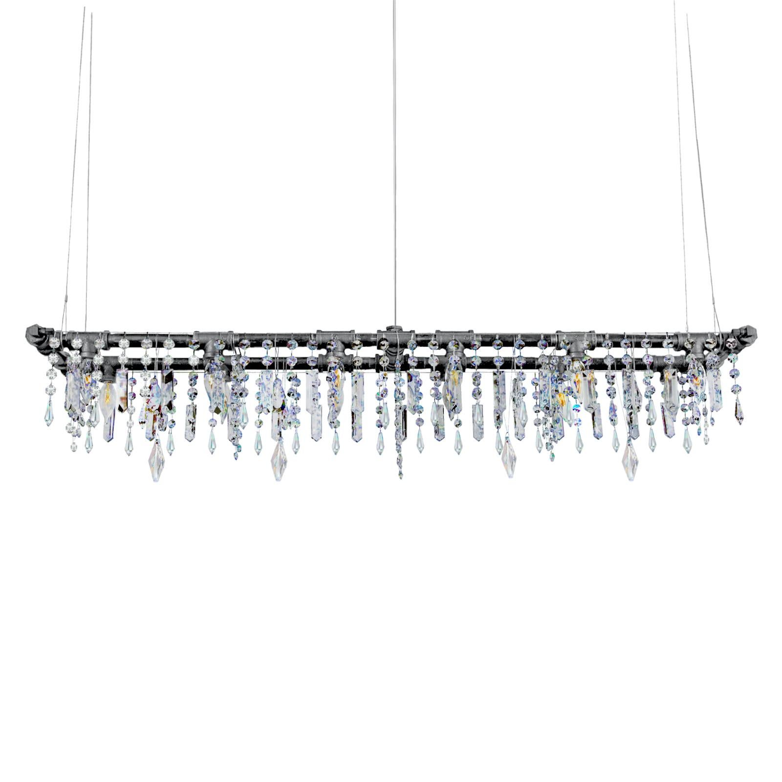 Tribeca Banqueting chandelier, 12 bulb, by Michael McHale
Dimensions: D 23 x W 106 x H 23 cm.
Materials: steel, optically-pure gem-cut crystal.

12 x candelabra base CA7 bulb, either incandescent or LED.

All our lamps can be wired according