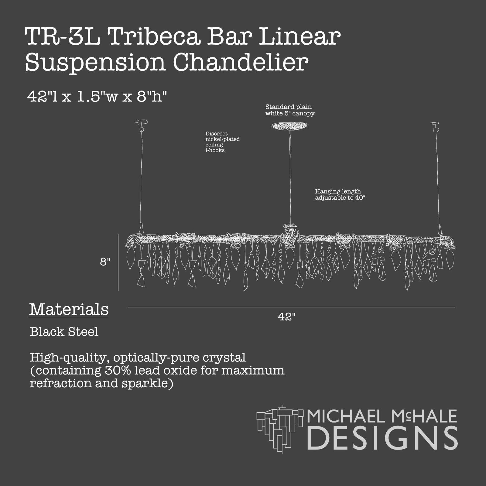 Tribeca Bar Black Steel and Crystal Industrial Chandelier Linear Suspension For Sale 4