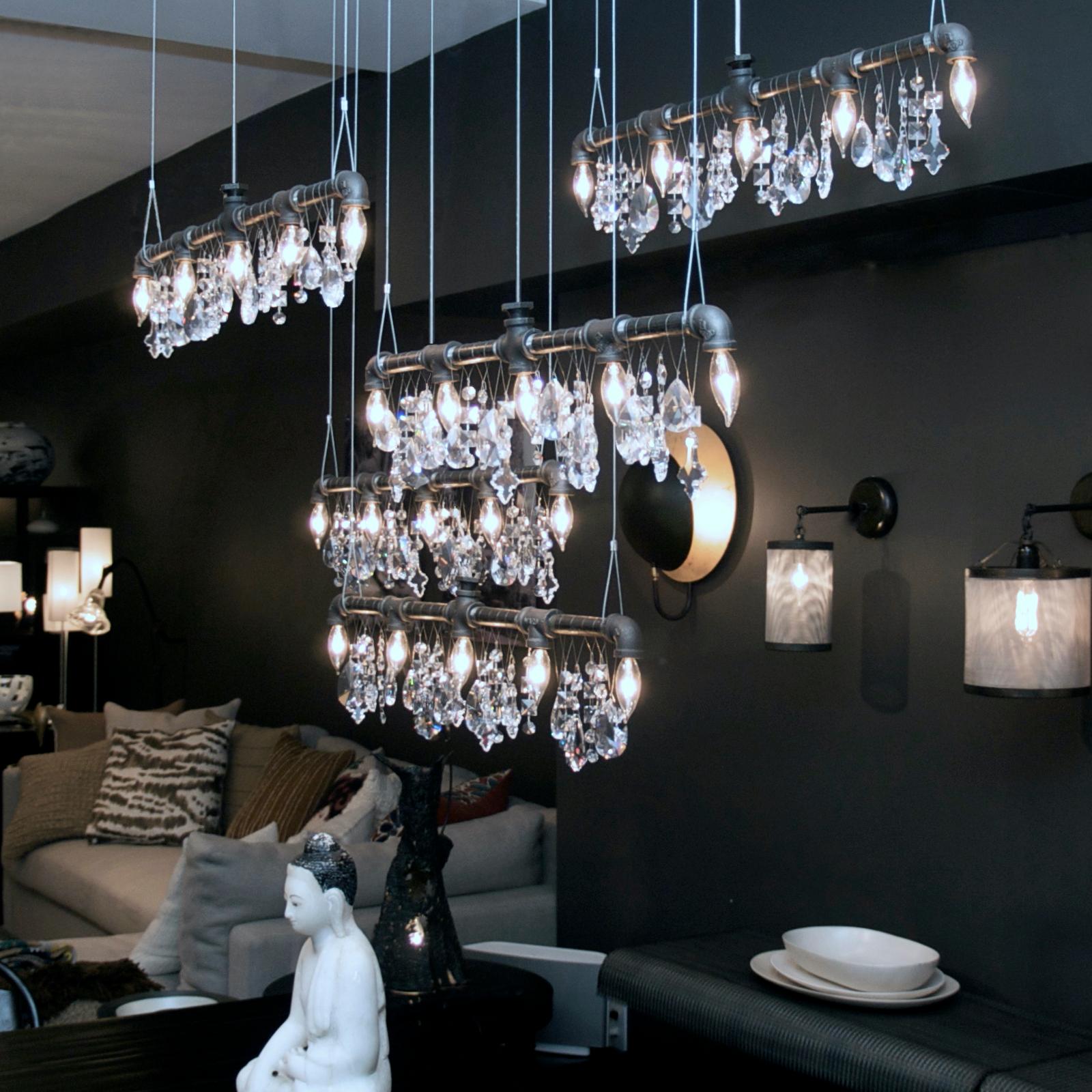 Contemporary Tribeca Bar Black Steel and Crystal Industrial Chandelier Linear Suspension For Sale