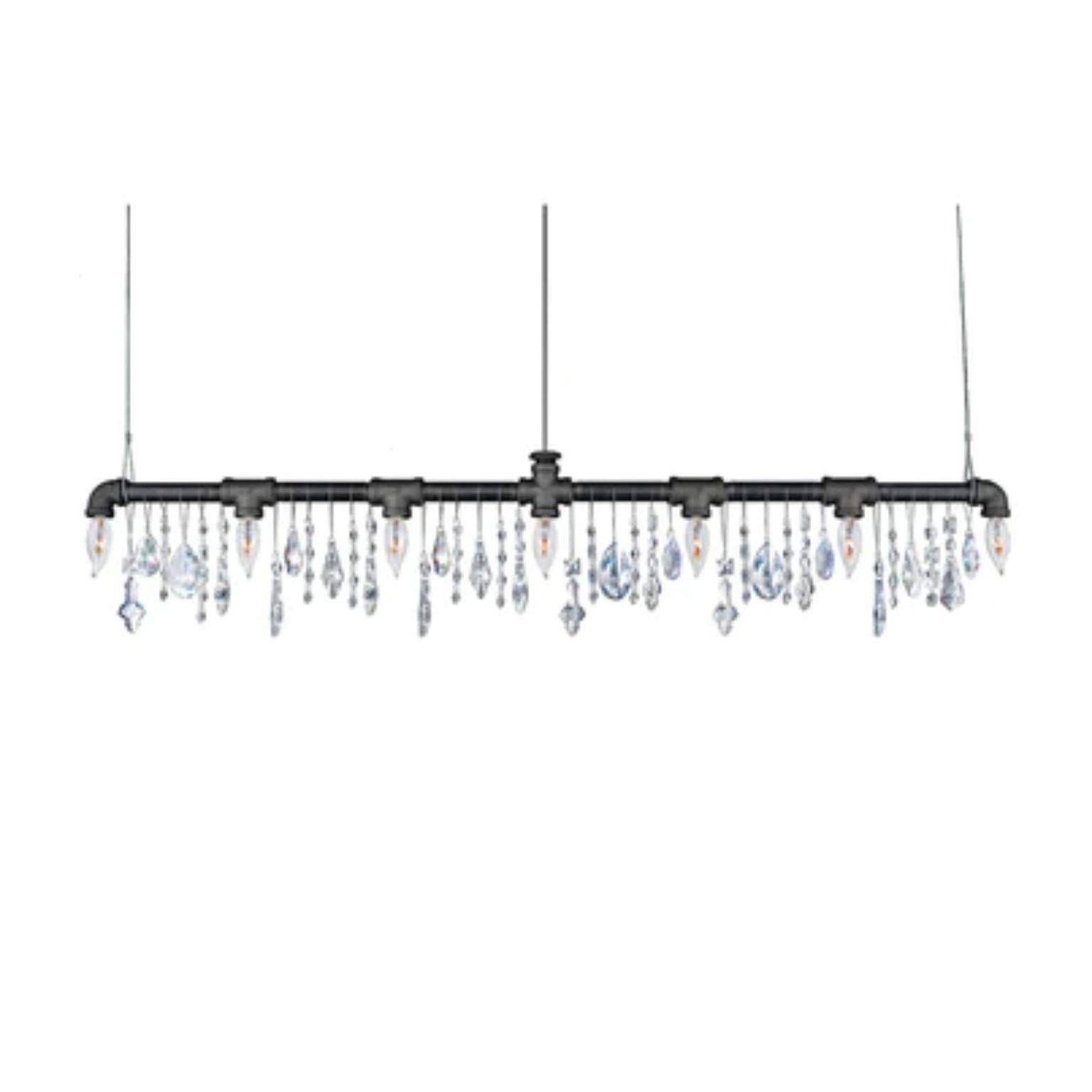 Tribeca bar chandelier linear suspension 42 by Michael McHale.
Dimensions: D 3.8' x W 106 x H8 15.2 cm.
Materials: steel, optically-pure gem-cut crystal.

7 x candelabra base CA7 bulb, either incandescent or LED

All our lamps can be wired