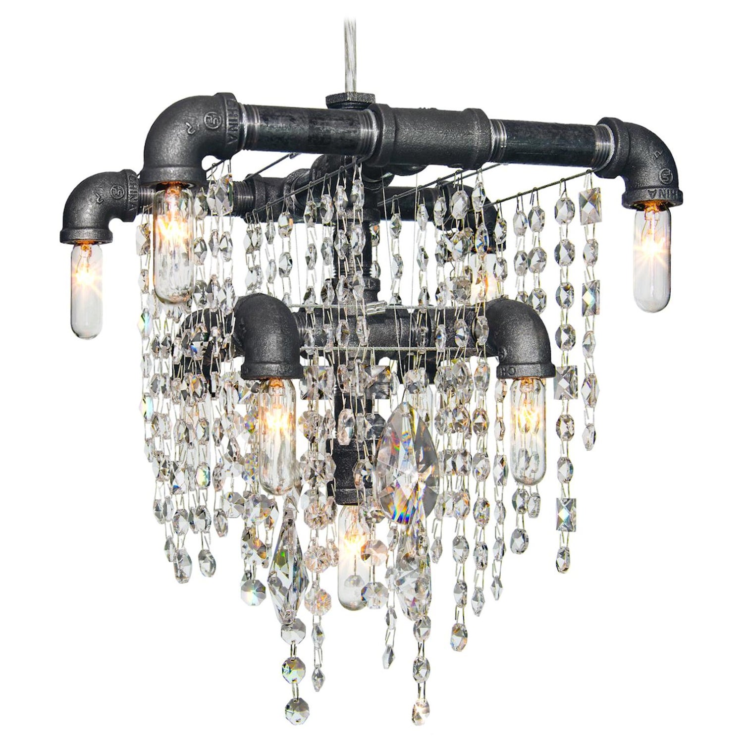 Tribeca Black Steel And Crystal 9 Light Industrial Chandelier Pendant For At 1stdibs Light Industrial Chandelier Pendant, 9 Bulb Black Chandelier