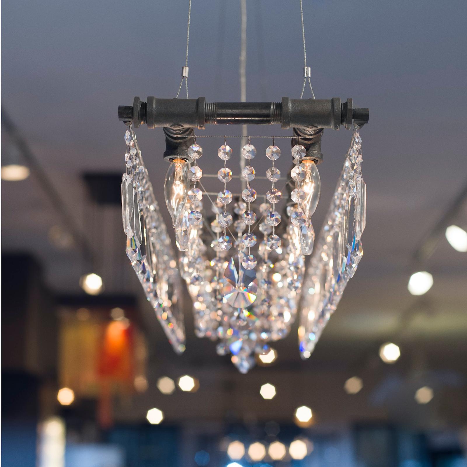 American Tribeca Black Steel and Crystal Industrial 12-Light Chandelier For Sale