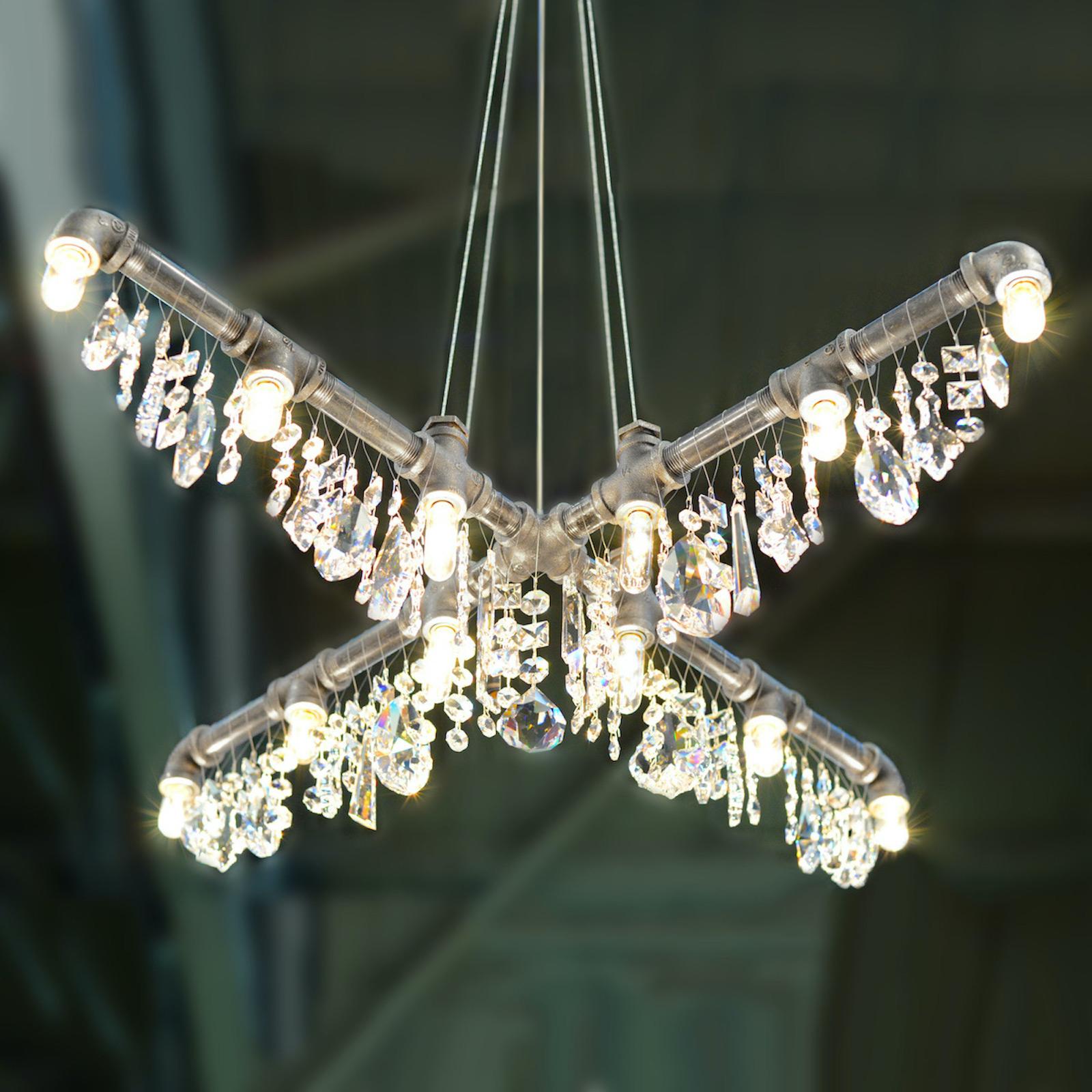 American Tribeca Black Steel and Crystal Industrial X-Chandelier Pendant For Sale