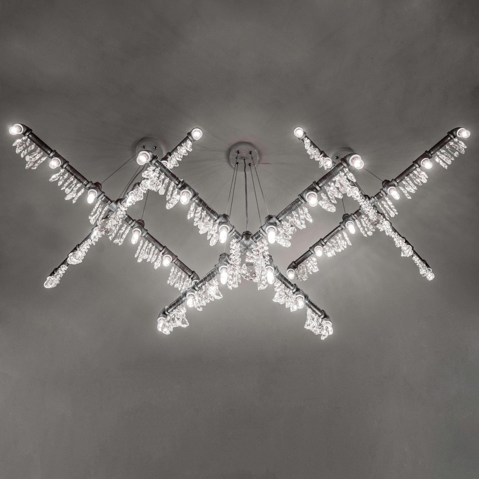 Tribeca Black Steel and Crystal Industrial X-Chandelier Pendant For Sale 1