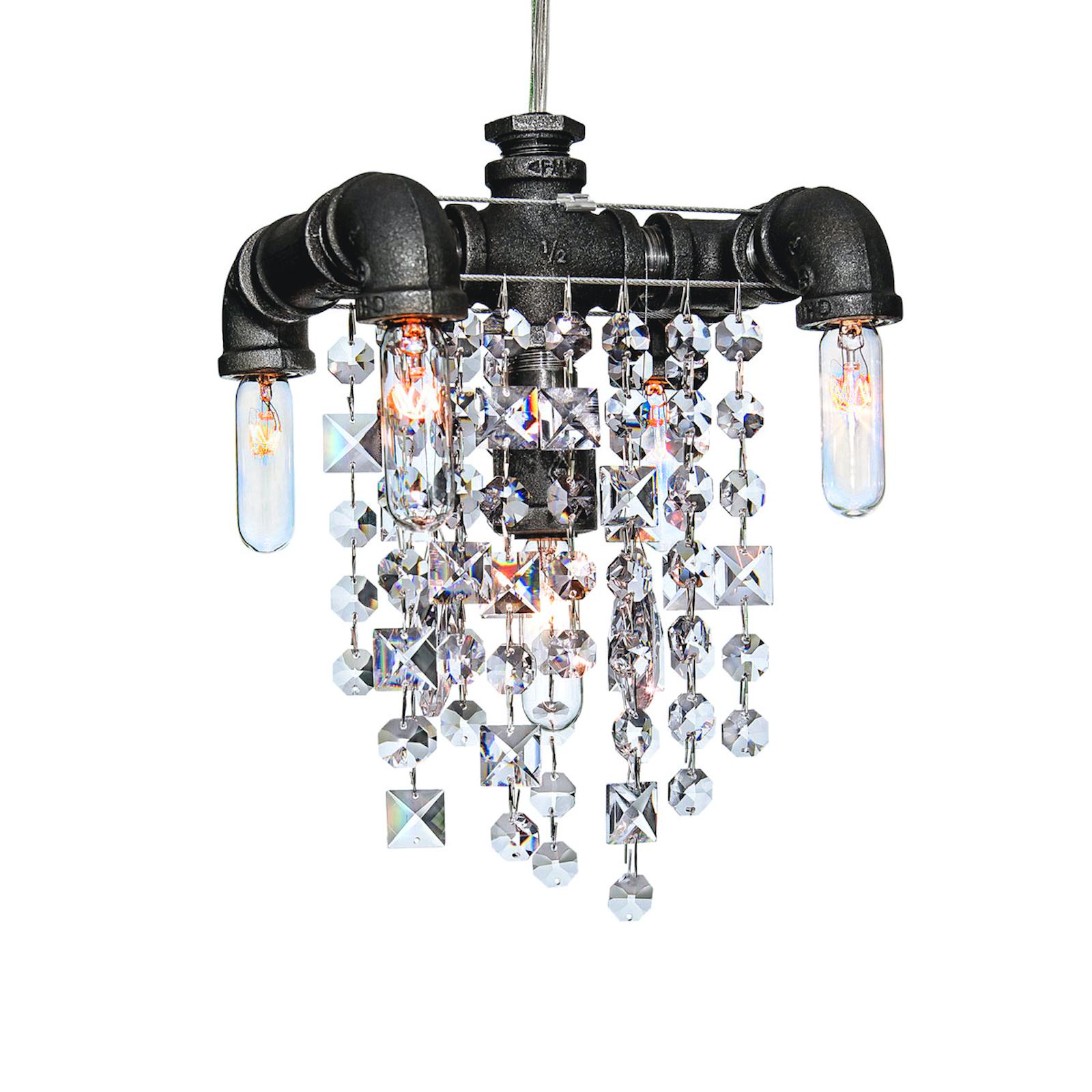 Tribeca Compact Chandelier Pendant 5 Bulb by Michael McHale
Dimensions: D 15.2 x W 16.5 x H 28 cm.
Materials: steel, optically-pure gem-cut crystal.

5 x candelabra base T6 bulb, either incandescent or LED.

All our lamps can be wired