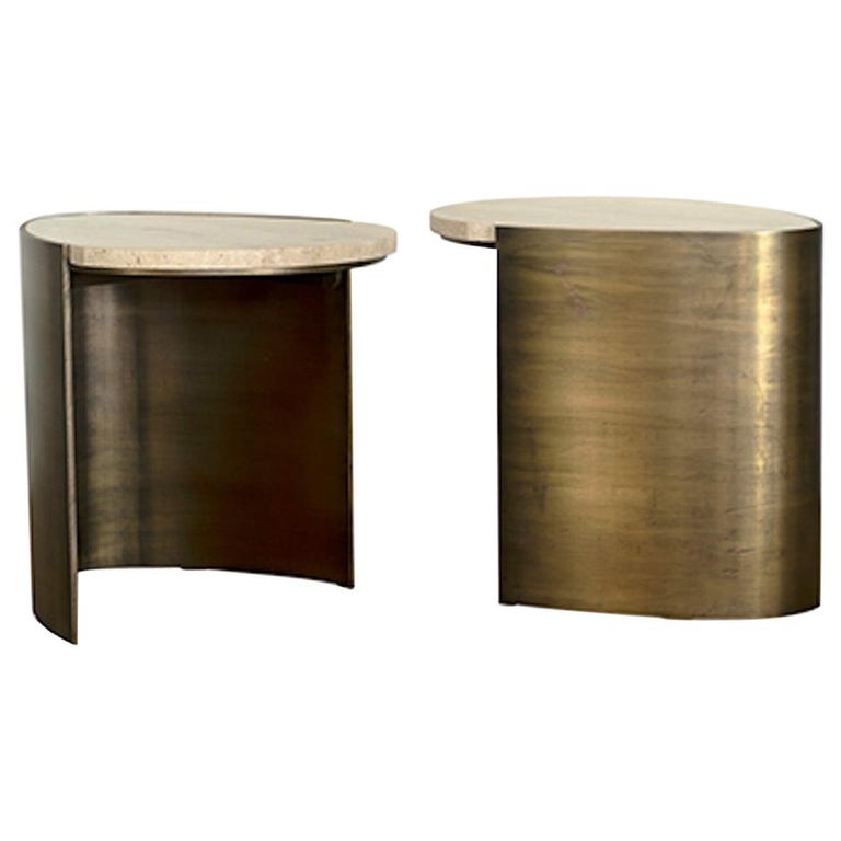Teardrop Side Table Set 2 in Brass and Travertine by Atra For Sale