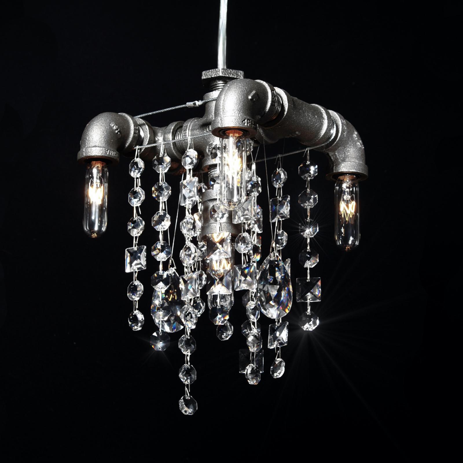The 5-bulb Tribeca compact chandelier pendant features a compact Industrial frame of sturdy black steel gas pipes and fittings. With five lights cascading over two levels, paired with superior quality and optically-pure gem-cut crystal in a random