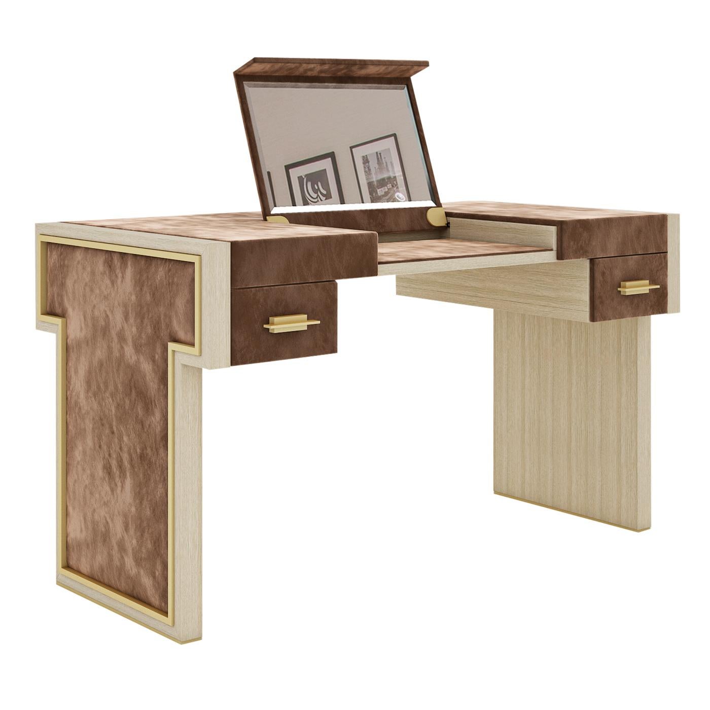 Showcasing a beige-lacquered wooden structure, complemented by prized leather upholstery, this outstanding vanity table will be a lavish addition to sophisticated interiors. Equipped with two small yet practical dressers, this piece also features a