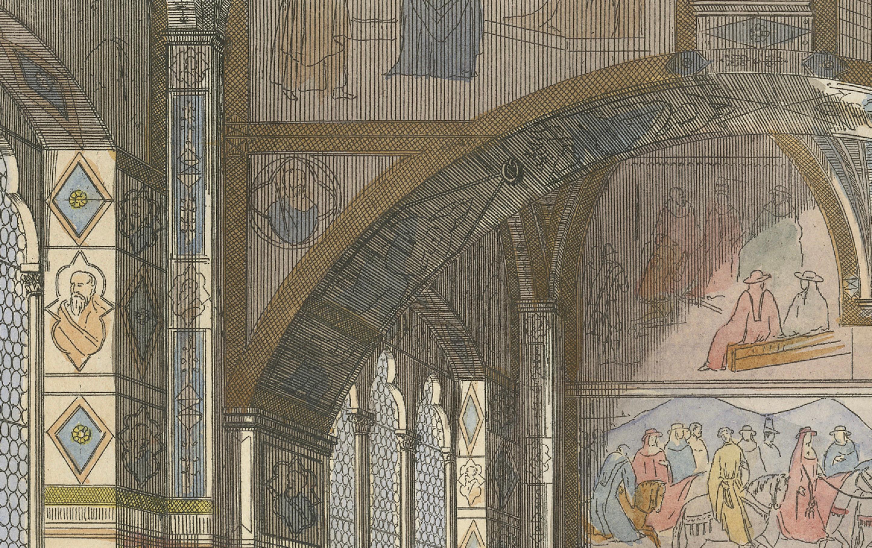 Title:
Tribunal di Balia Interior with Gothic Vaulting and Frescoed Wall Frieze

Description:
This exquisite hand-colored lithograph, titled 