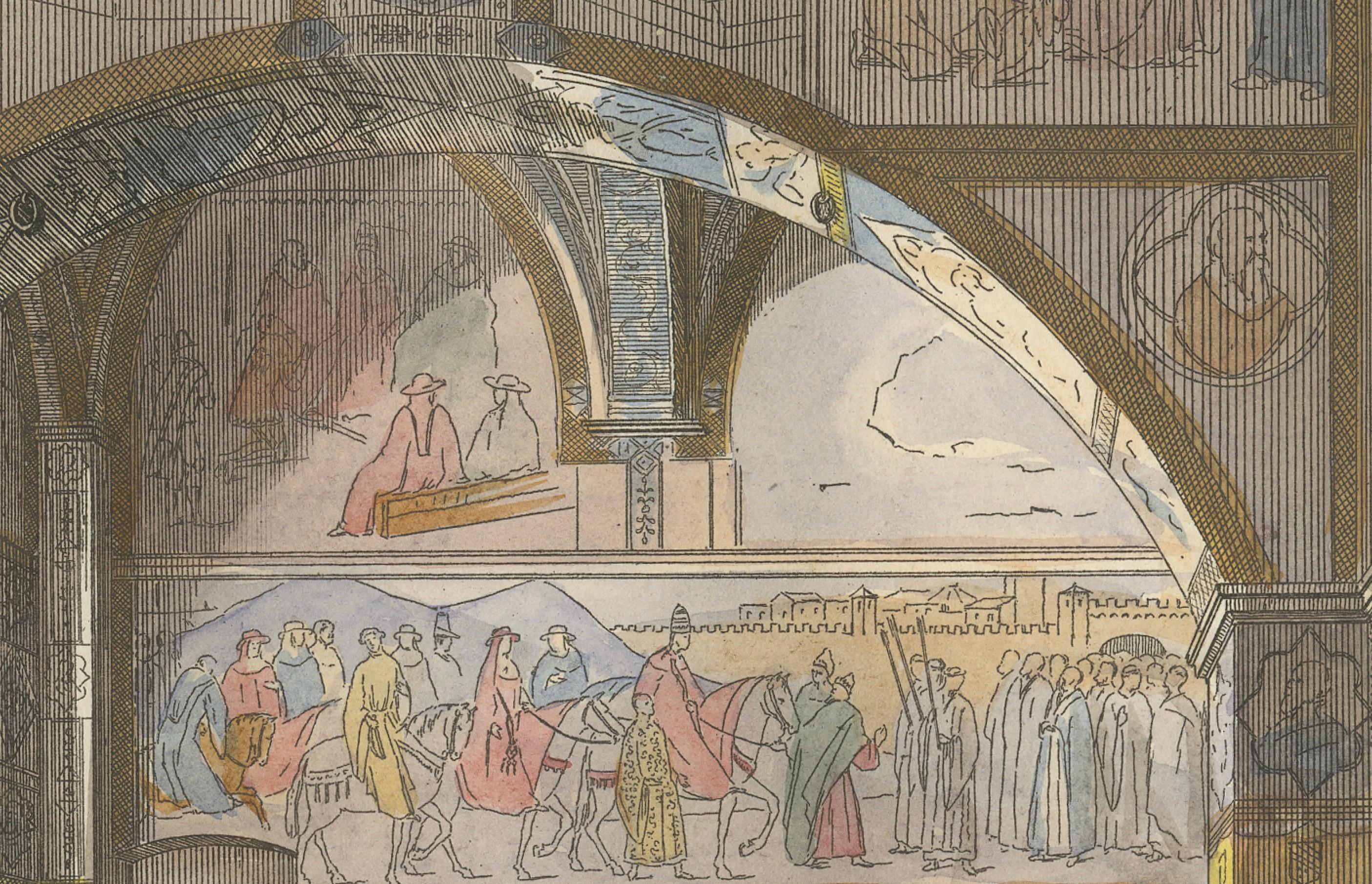 Engraved Tribunal di Balia Interior with Gothic Vaulting and Frescoed Wall Frieze - 1845 For Sale