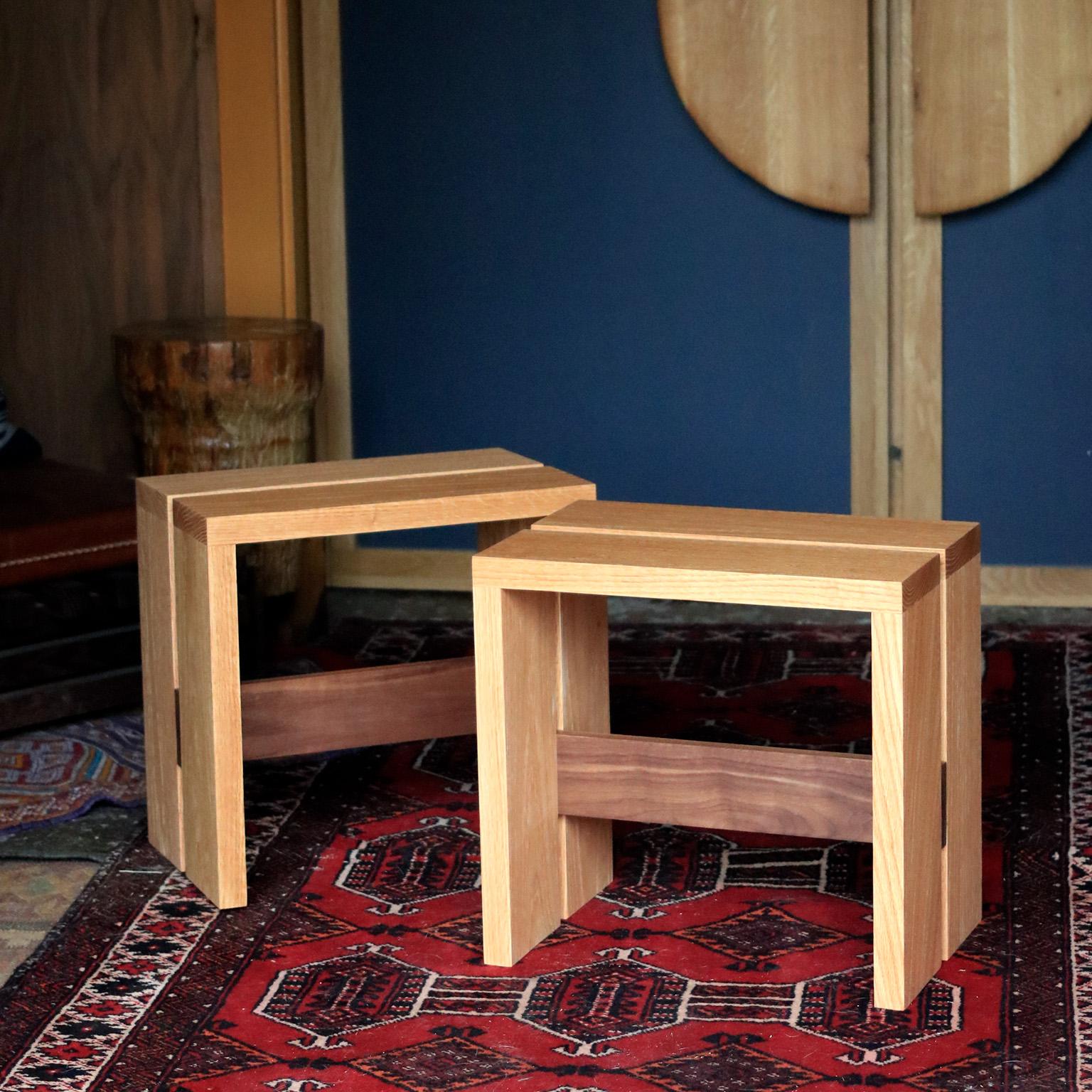 Hand-Crafted Tribute solid oak and walnut side table or stool For Sale