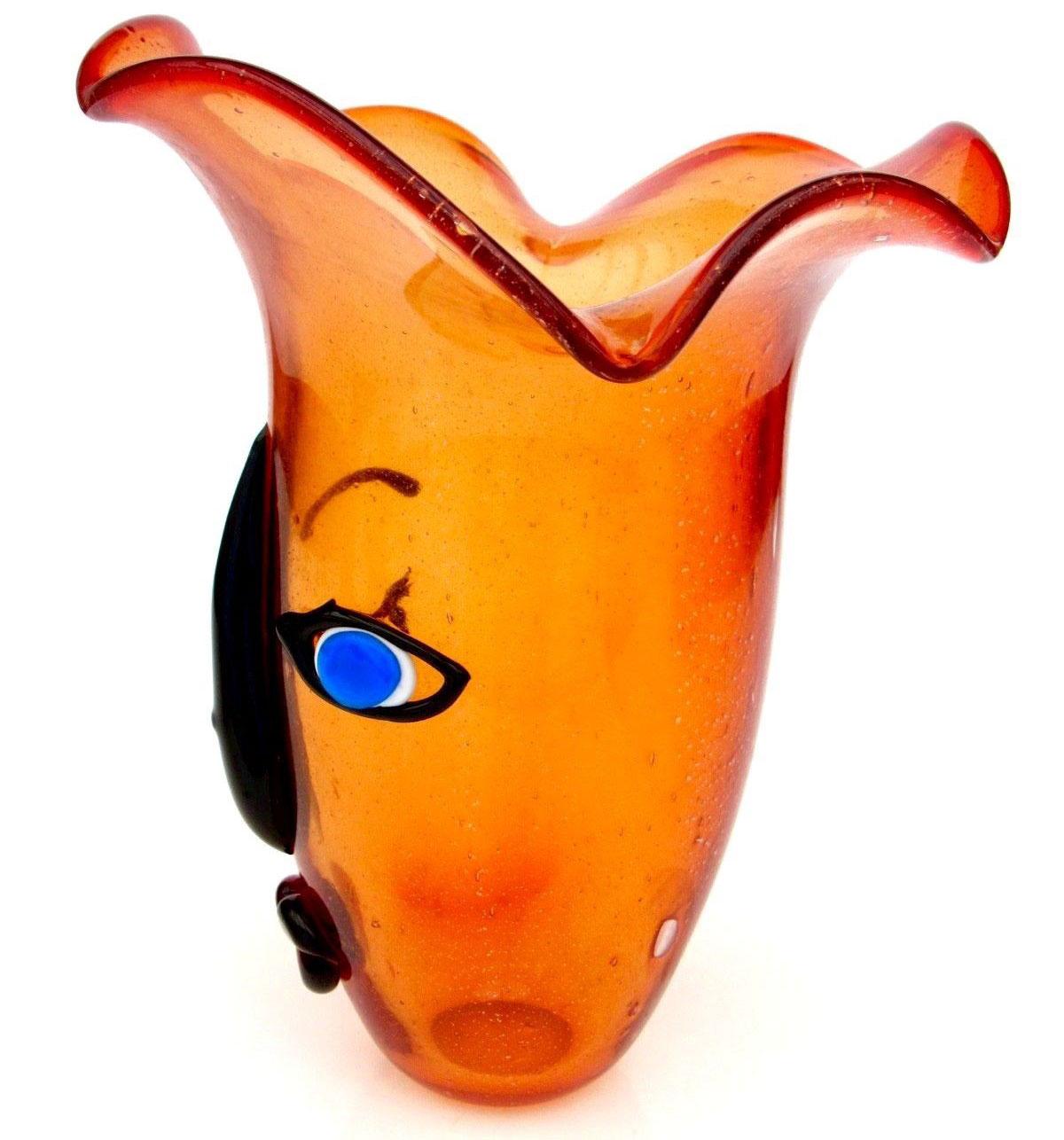 Modern Tribute to Picasso Large Art Glass Flamboyant Fazzoletto Face Vase Maria