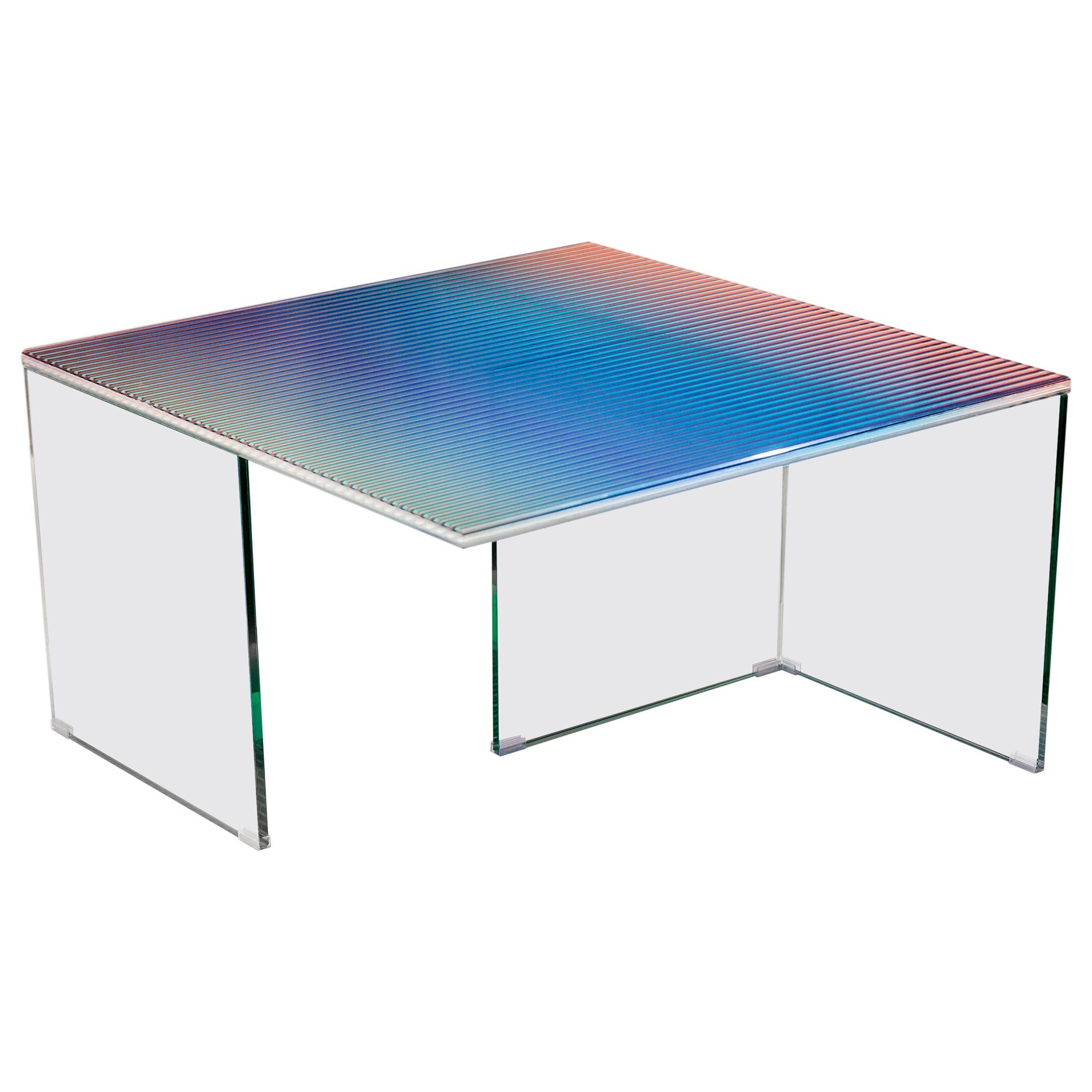 Trichroic Table Made with Three Layers of Glass with a Layer of Colored Bands For Sale