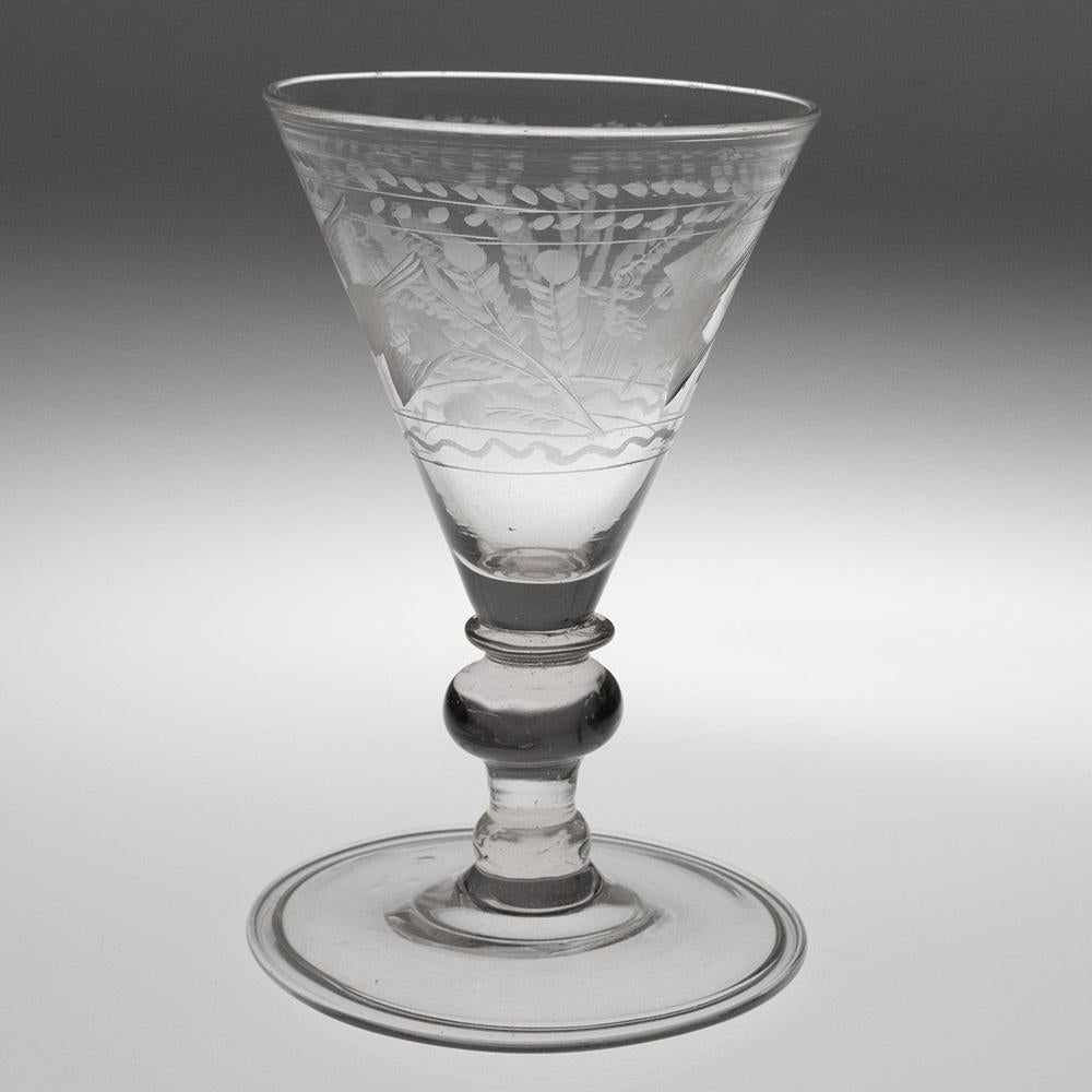 Heading : A Potsdam engraved trichterpokal ( funnel glass)
Period : Late 17th century
Origin : Engraved in Potsdam, manufactured in Brandenburg or Saxony
Colour : Clear, light grey tone
Bowl : Conical. Engraved with birds in flight and