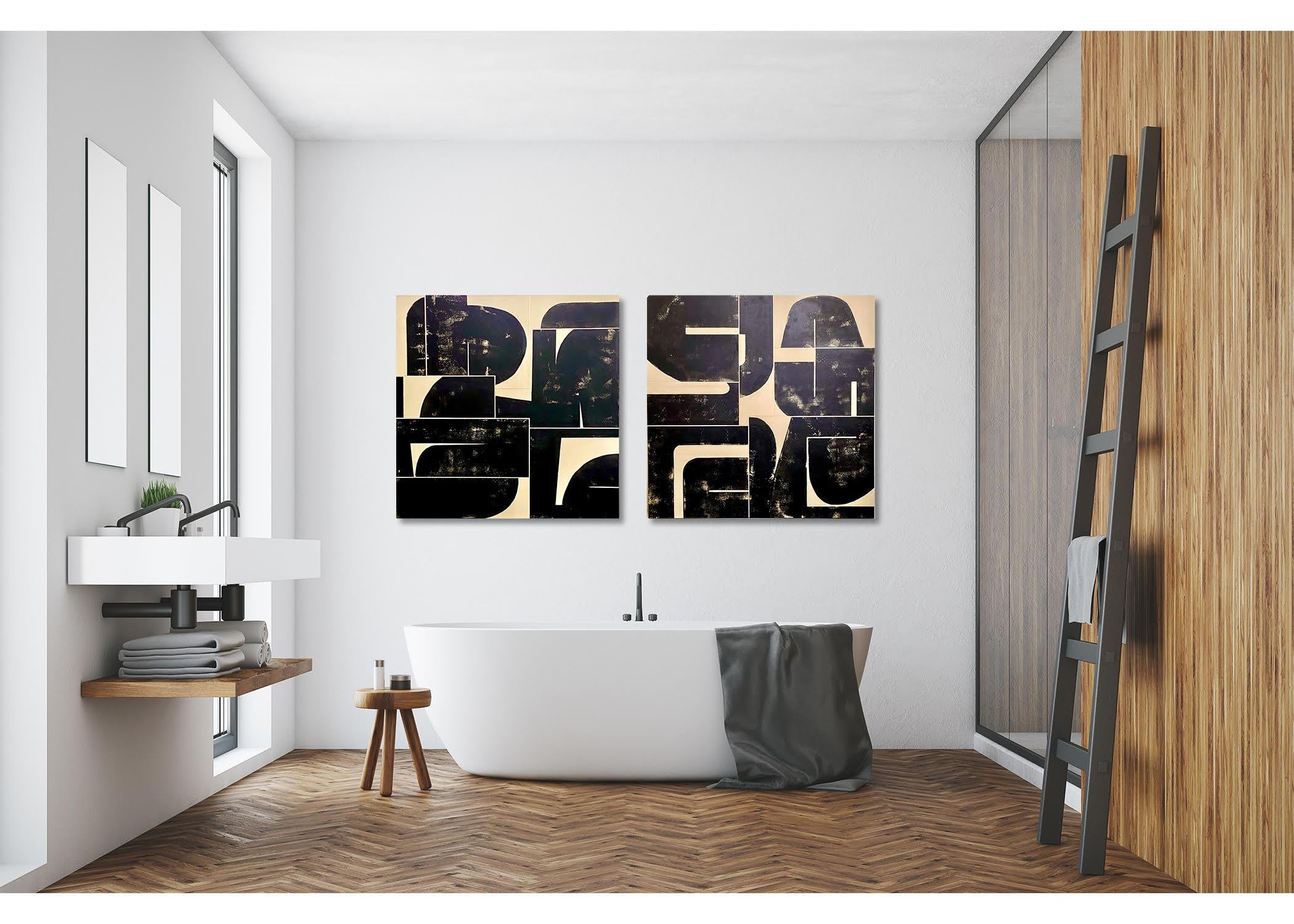 Black and Parchment II Painting- mid century, collage, tan, black, white, modern - Abstract Expressionist Mixed Media Art by Tricia Strickfaden