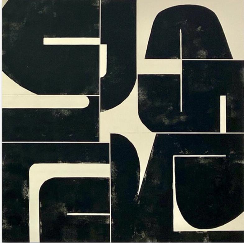 Black and Parchment II Painting- mid century, collage, tan, black, white, modern - Mixed Media Art by Tricia Strickfaden