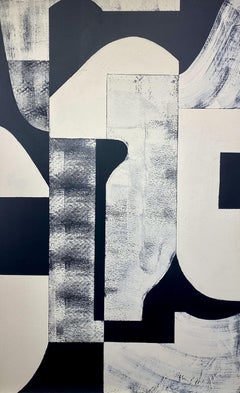 Creme on Black II- Abstract Painting Black, tan, Mid century modern, bold