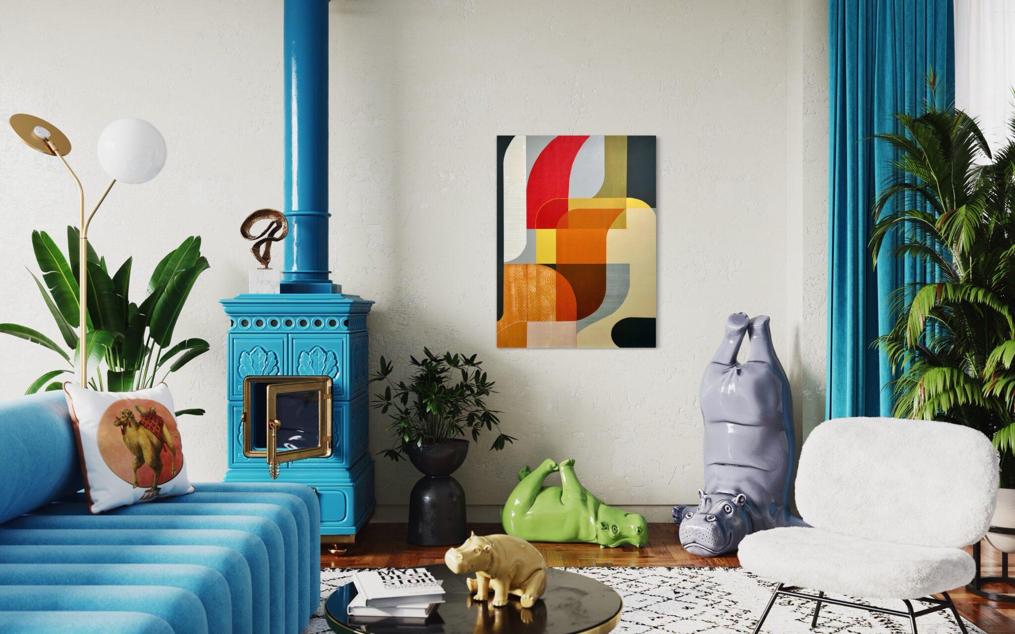 In der Malerei von Tricia Strickfaden entfaltet sich vor dem Betrachter eine Verschmelzung von Abstraktion und Farbe. Mit einem nuancierten Verständnis der Designprinzipien der Jahrhundertmitte und der Beherrschung der Farbtheorie orchestriert